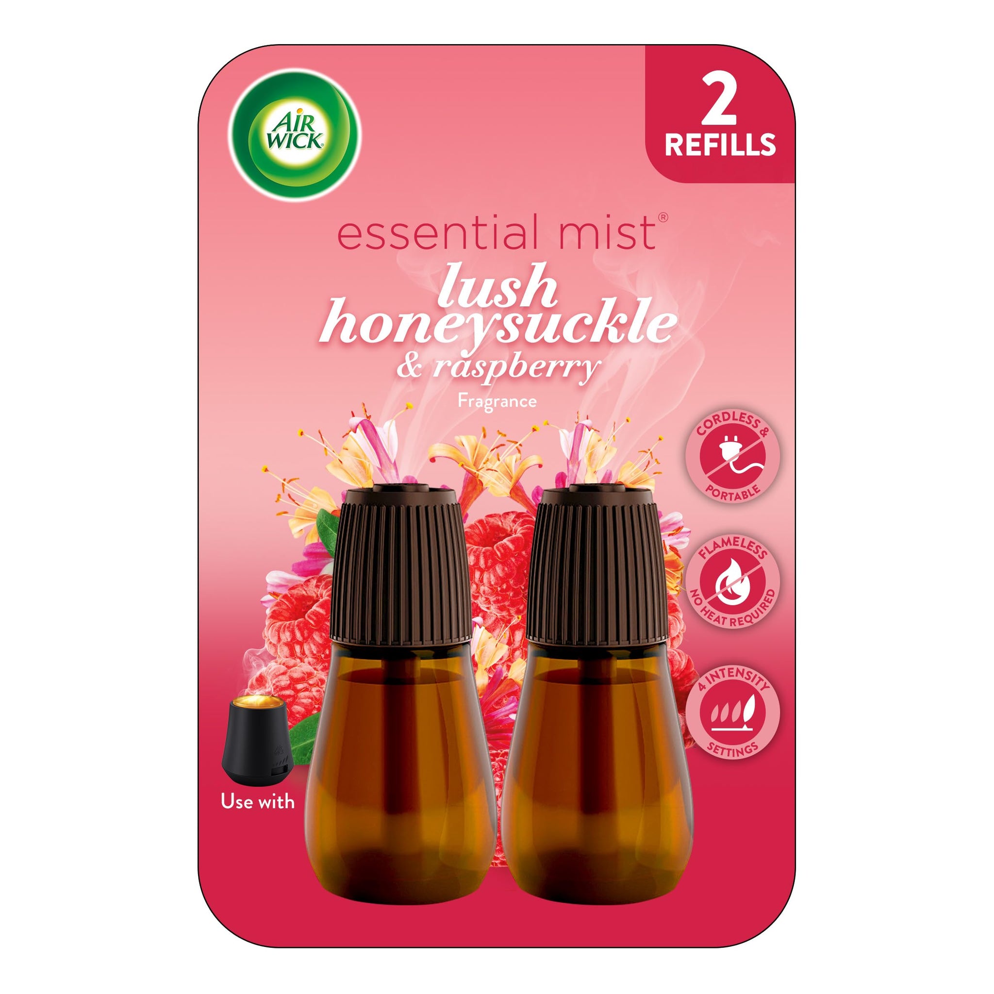 Air Wick Essential Mist Refill, 2 ct, Lush Honeysuckle & Raspberry, Essential Oils Diffuser, Air Freshener