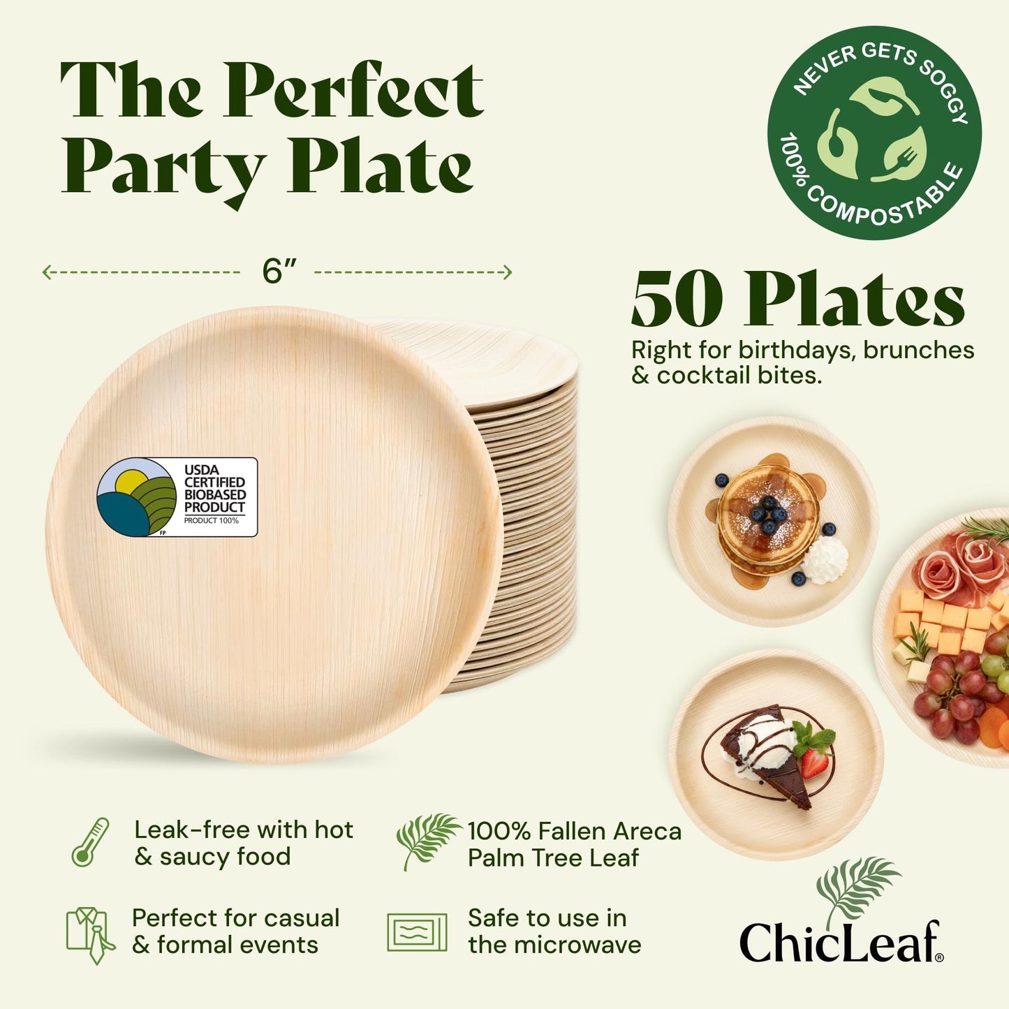 Chic Leaf 6-Inch Palm Leaf Plates, 50-Pack -Fully Compostable Disposable Appetizer and Dessert Plates, Heavy Duty Bamboo-Style Dinnerware for Weddings