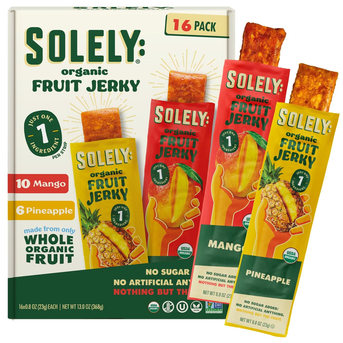 SOLELY - Organic Mango & Organic Pineapple Fruit Jerky (10 Mango, 6 Pineapple) - Real Fresh Fruit Strips - Healthy Snacks for Adults & Kids - Non GMO