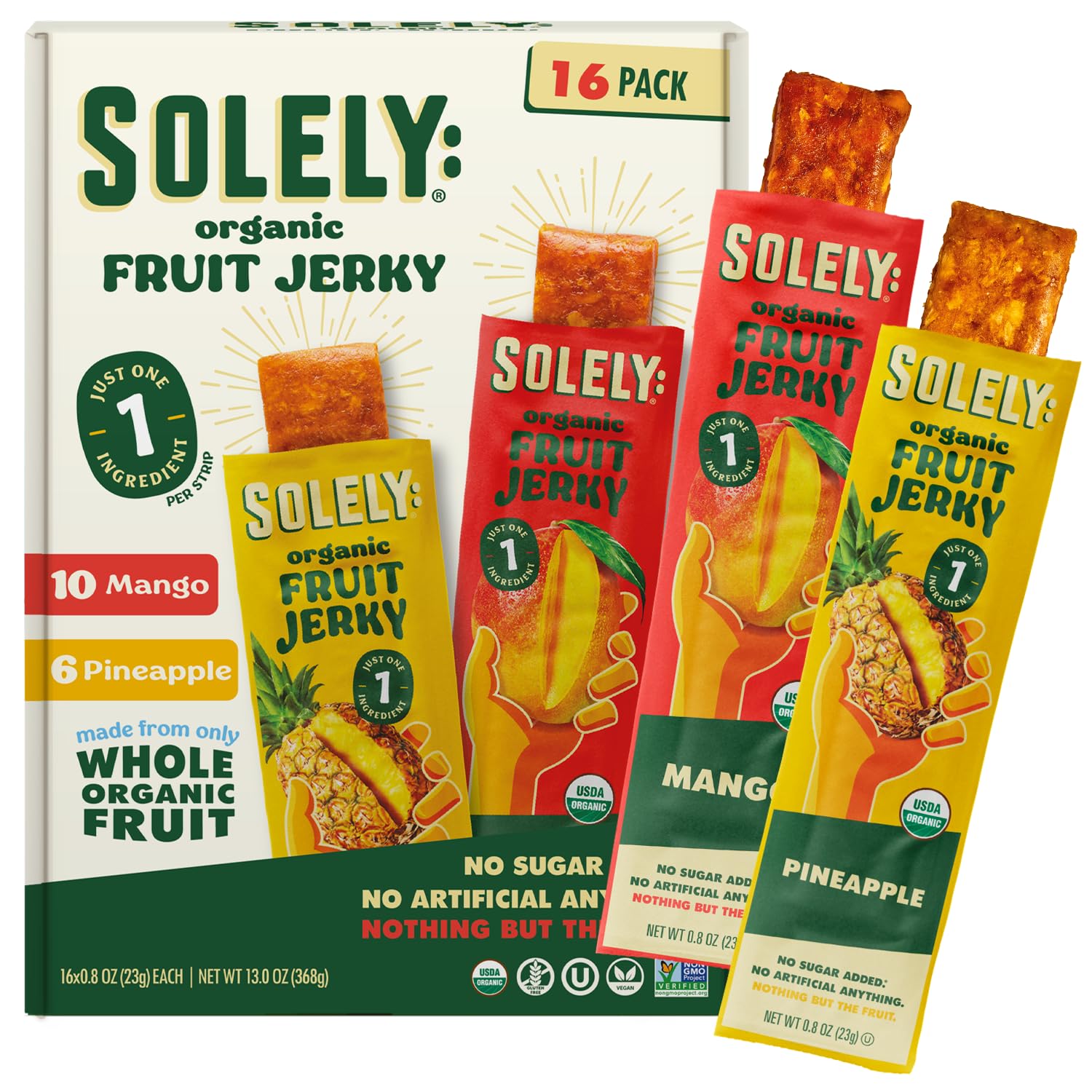 SOLELY - Organic Mango & Organic Pineapple Fruit Jerky (10 Mango, 6 Pineapple) - Real Fresh Fruit Strips - Healthy Snacks for Adults & Kids - Non GMO