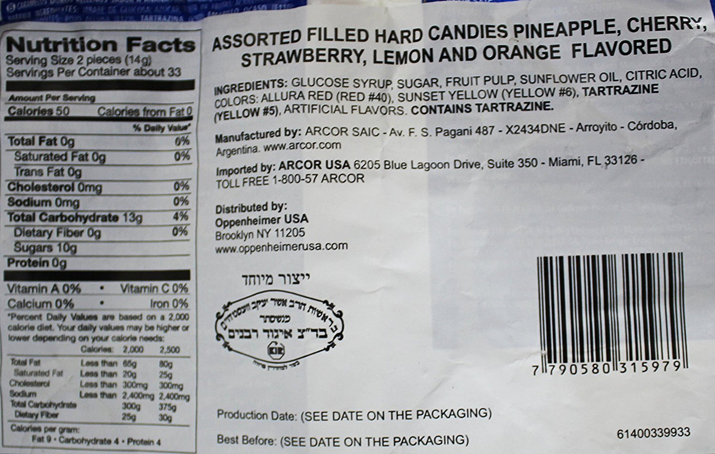 Arcor Kosher Assorted Fruit Flavored Hard Candy with Chewy Centers 470-grams Bag = Total 940-grams (2.072lb) (Pack of 2)