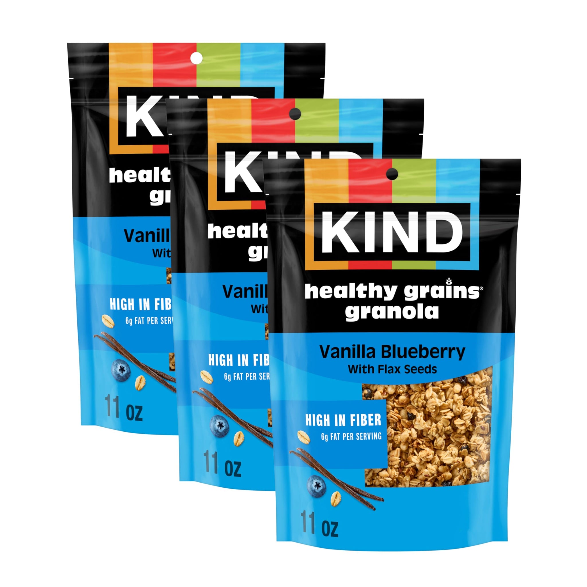 Kind Healthy Grains Granola, Vanilla Blueberry Clusters with Flax Seeds, Gluten Free, Healthy Snack Mix, 6g Protein, 11oz, 3 Count