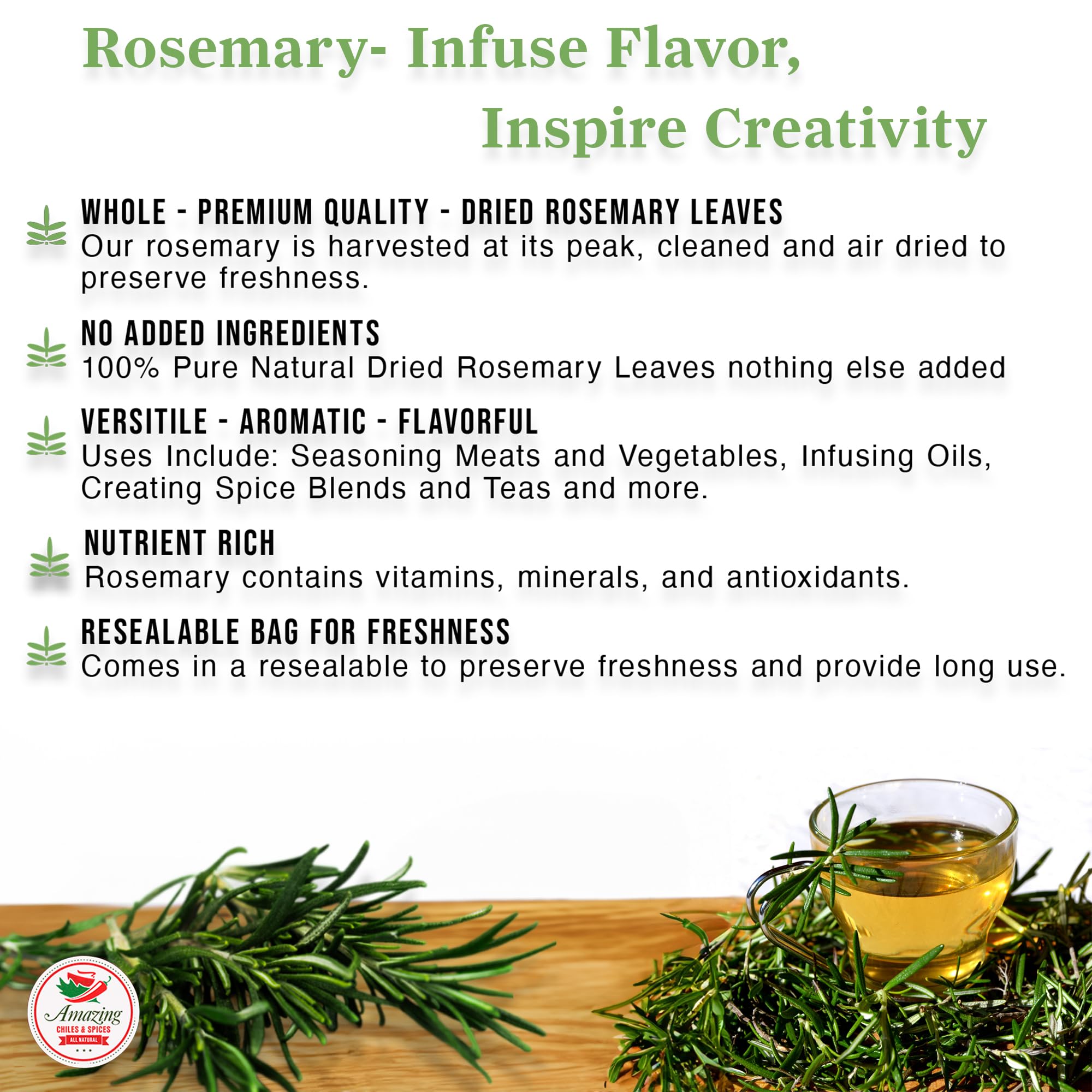 Dried Rosemary Leaves, 3 oz. Premium All Natural Herbs and Spices for Meat, Fish, Oils, Dips, Tea. Farm Fresh, Rich Savory Flavor by Amazing Chiles