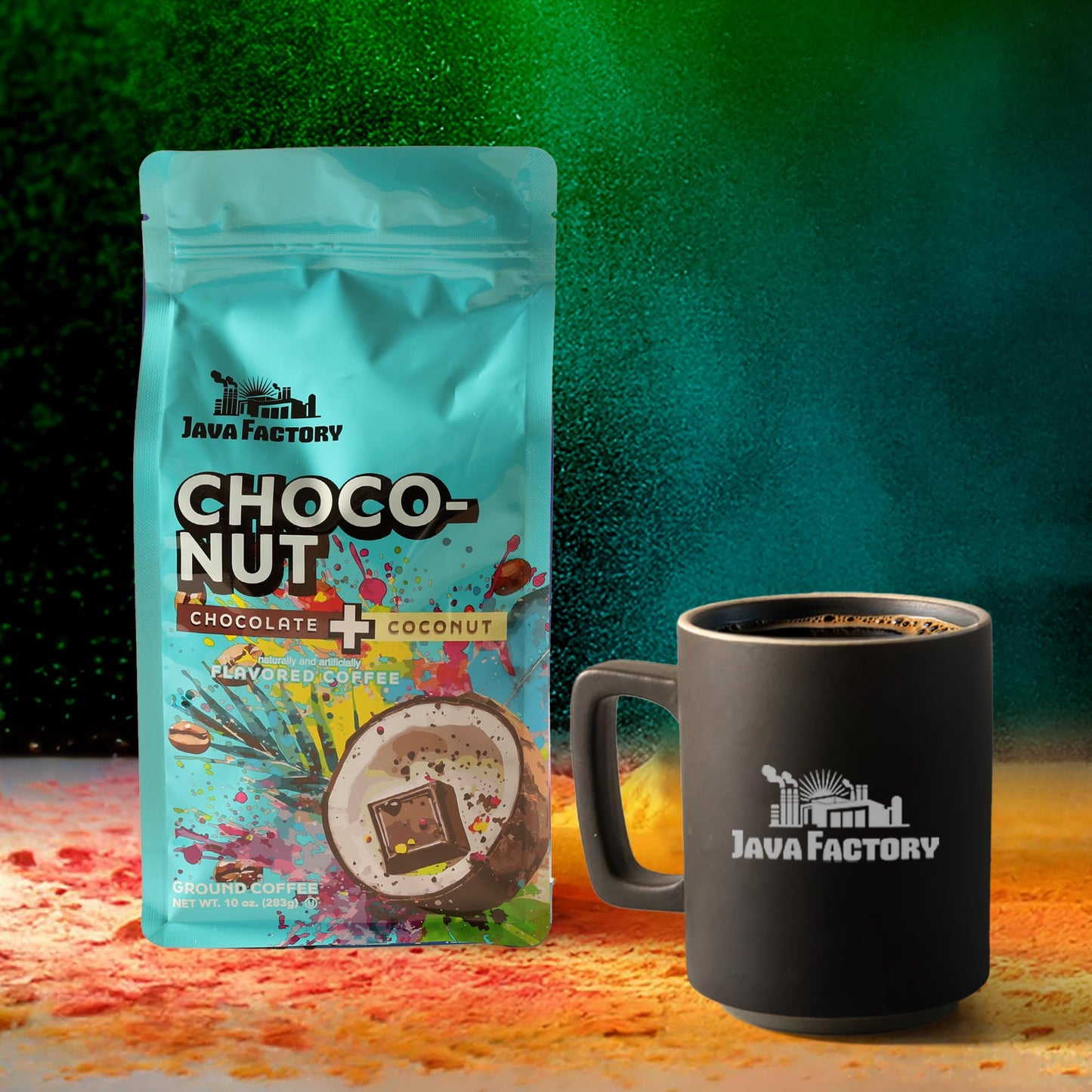 Java Factory Choconut Flavored Ground Coffee Bag - Chocolate and Coconut Brew, Made with 100% Arabica Beans - Flavor Enhanced, 10 Oz