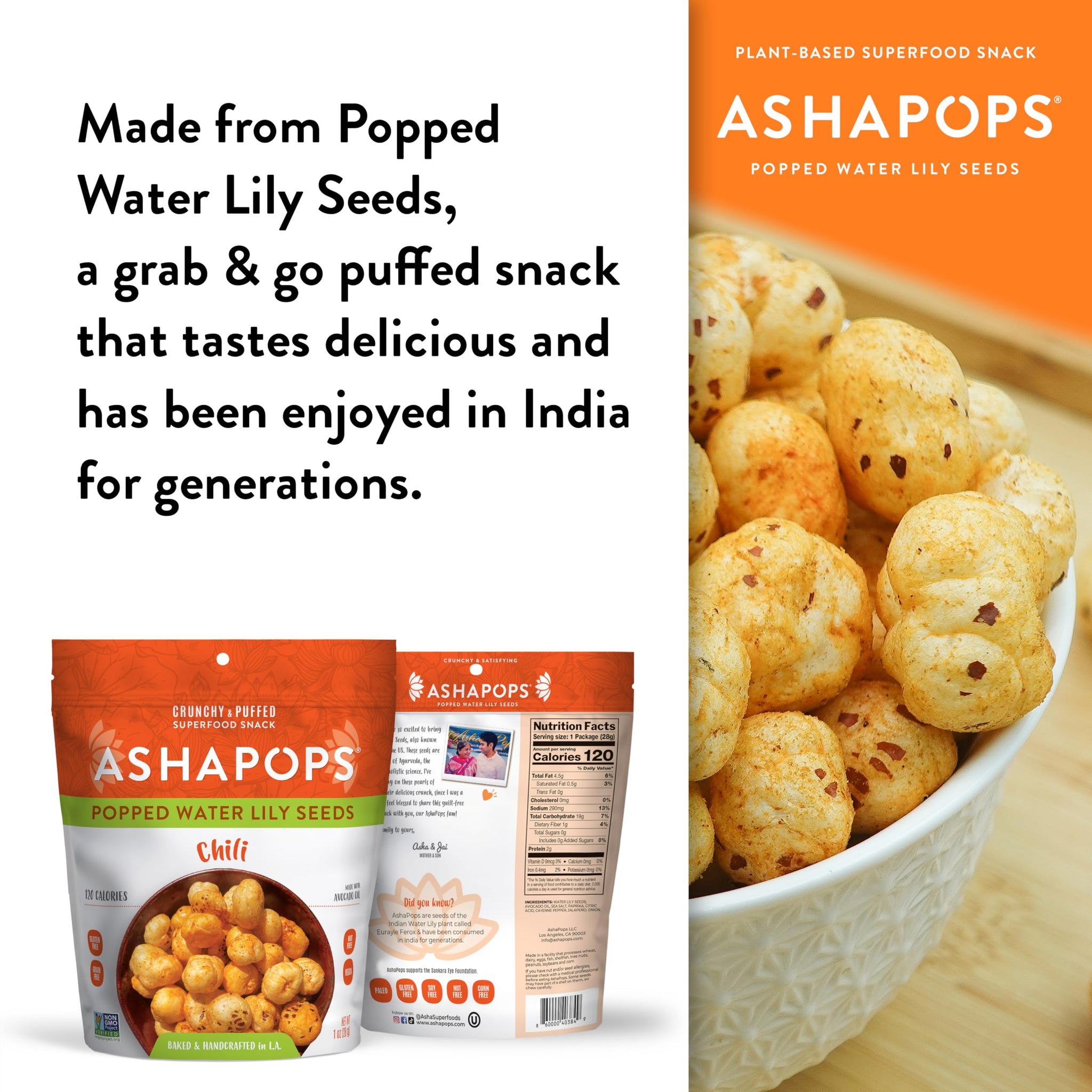 AshaPops Chili Flavored Popped Water Lily Seeds, 1 oz (Pack of 1) - Gluten-Free, Vegan, Paleo, Nut-Free, Corn-Free, Soy-Free, Non-GMO, Delicious