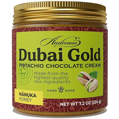 ANDREANO Dubai Gold Pistachio Chocolate Cream - with Manuka Honey & Crispy Kataifi - Gourmet Pistachio Spread - 7.2 oz (224 g) Jar
