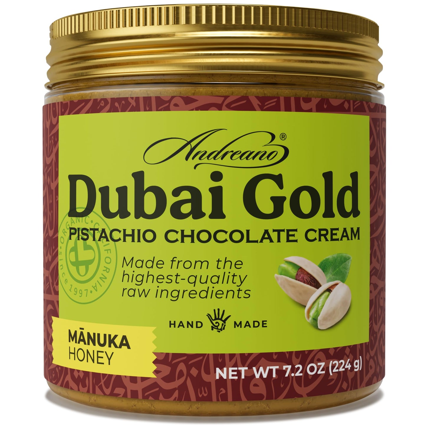 ANDREANO Dubai Gold Pistachio Chocolate Cream - with Manuka Honey & Crispy Kataifi - Gourmet Pistachio Spread - 7.2 oz (224 g) Jar
