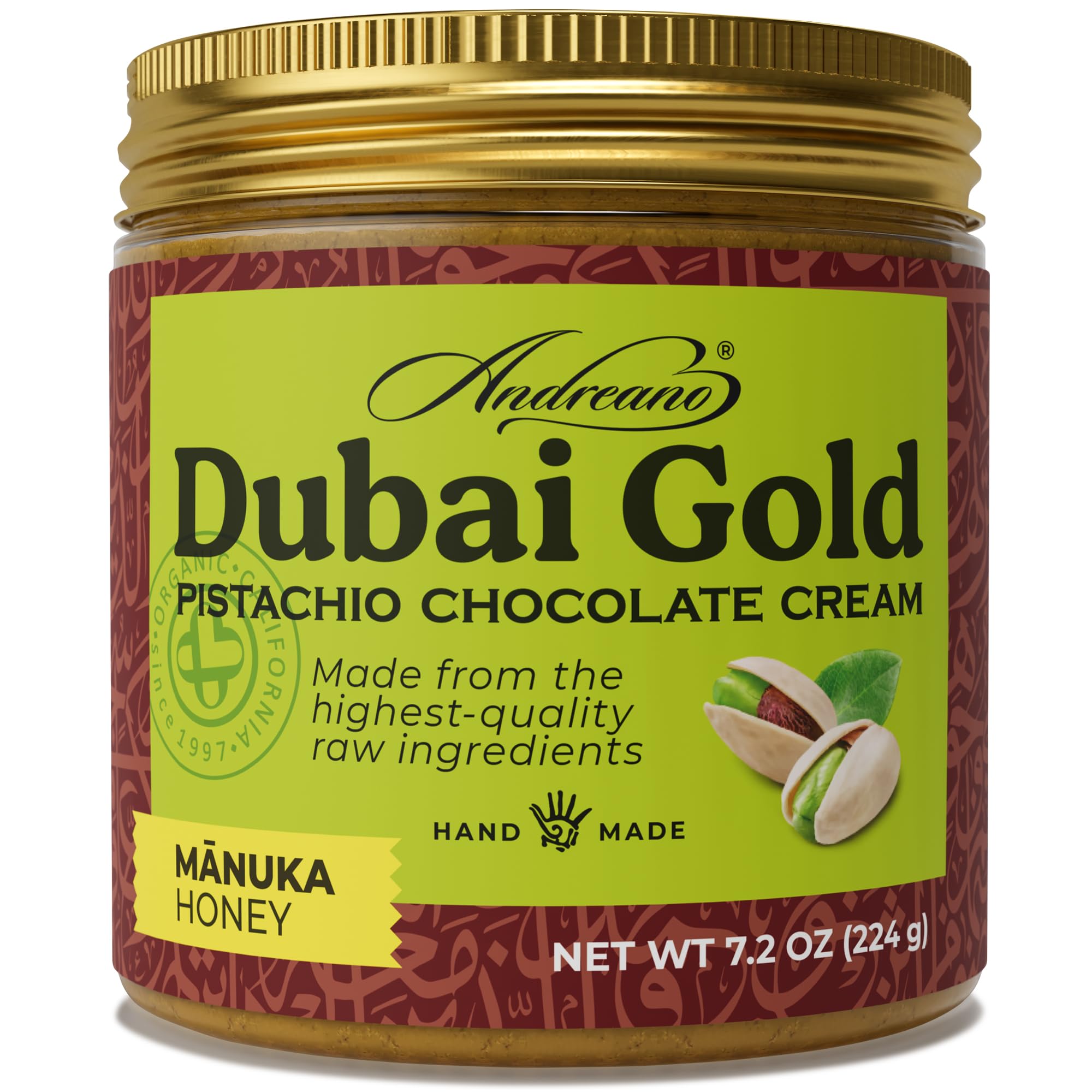 ANDREANO Dubai Gold Pistachio Chocolate Cream - with Manuka Honey & Crispy Kataifi - Gourmet Pistachio Spread - 7.2 oz (224 g) Jar