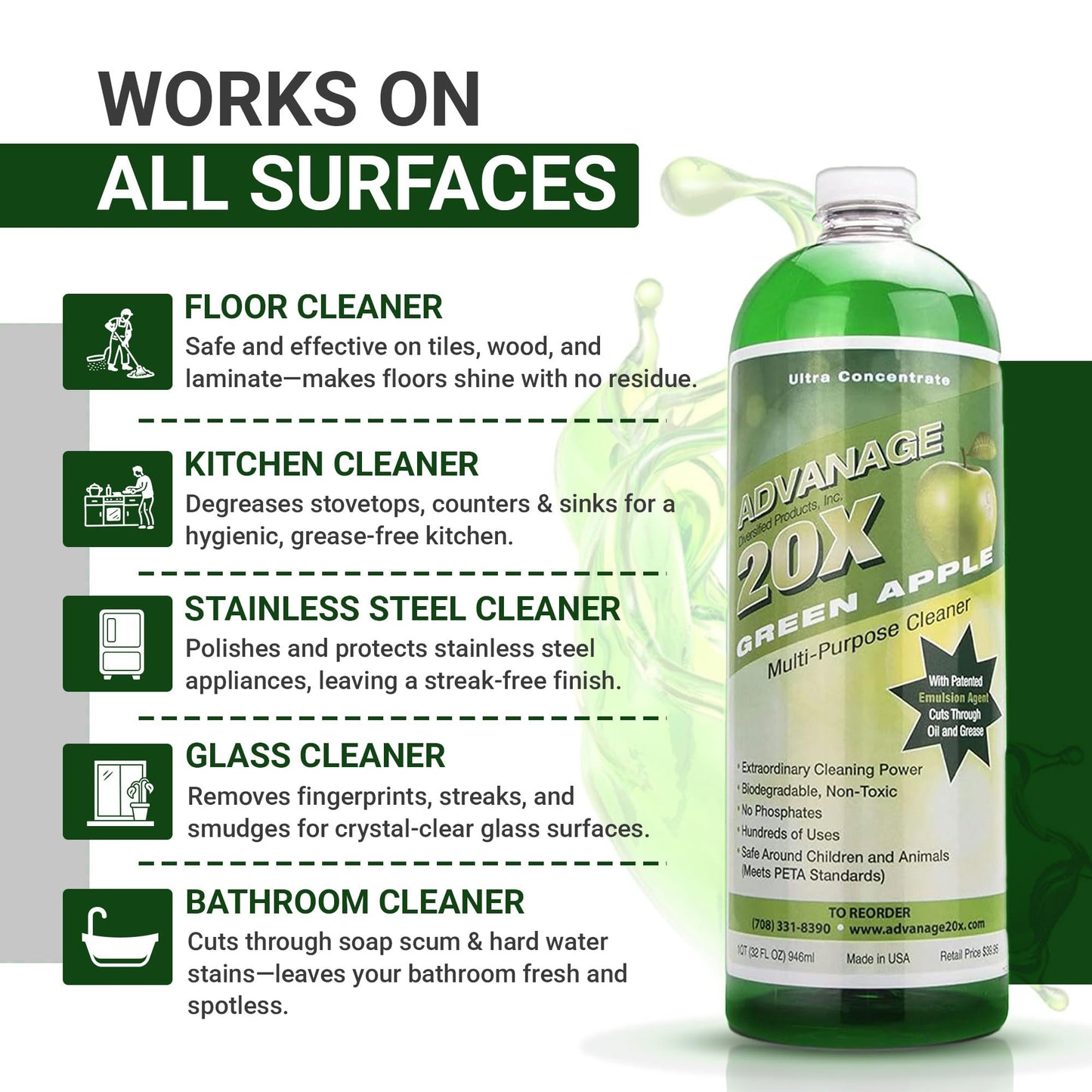 Advanage 20X All Purpose Cleaner Concentrate - Green Apple Eco-Friendly Heavy Duty Degreaser, Multisurface Cleaner for Bathroom, Kitchen, Floors