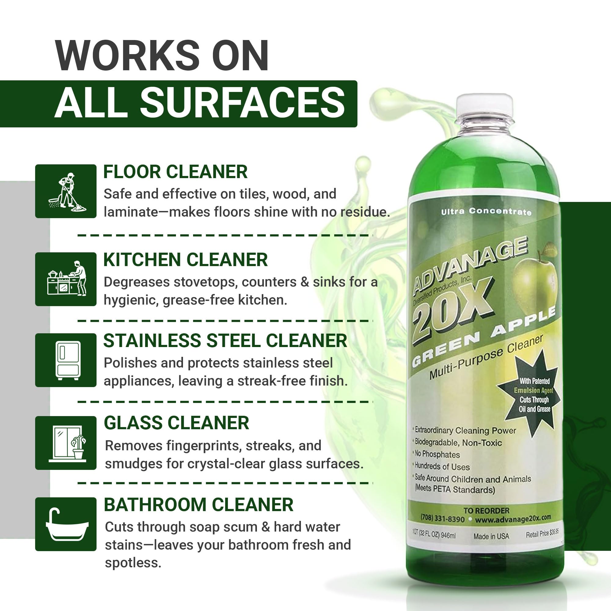 Advanage 20X All Purpose Cleaner Concentrate - Green Apple Eco-Friendly Heavy Duty Degreaser, Multisurface Cleaner for Bathroom, Kitchen, Floors