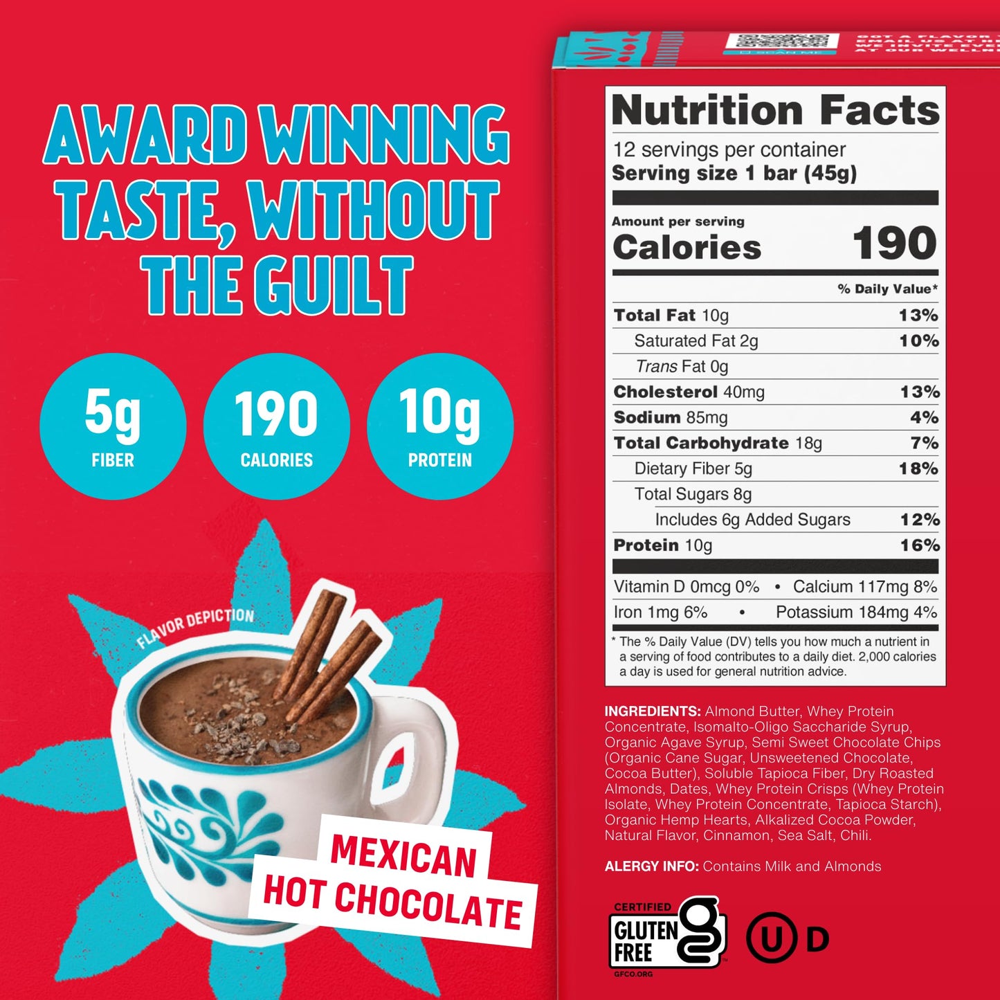 UNiTE Mexican Chocolate Protein Bars, 12 Pack, 1.59 Oz, 10g Protein, High Fiber Bar, Naturally Sweetened, Almond Butter, Real Ingredients, Portable