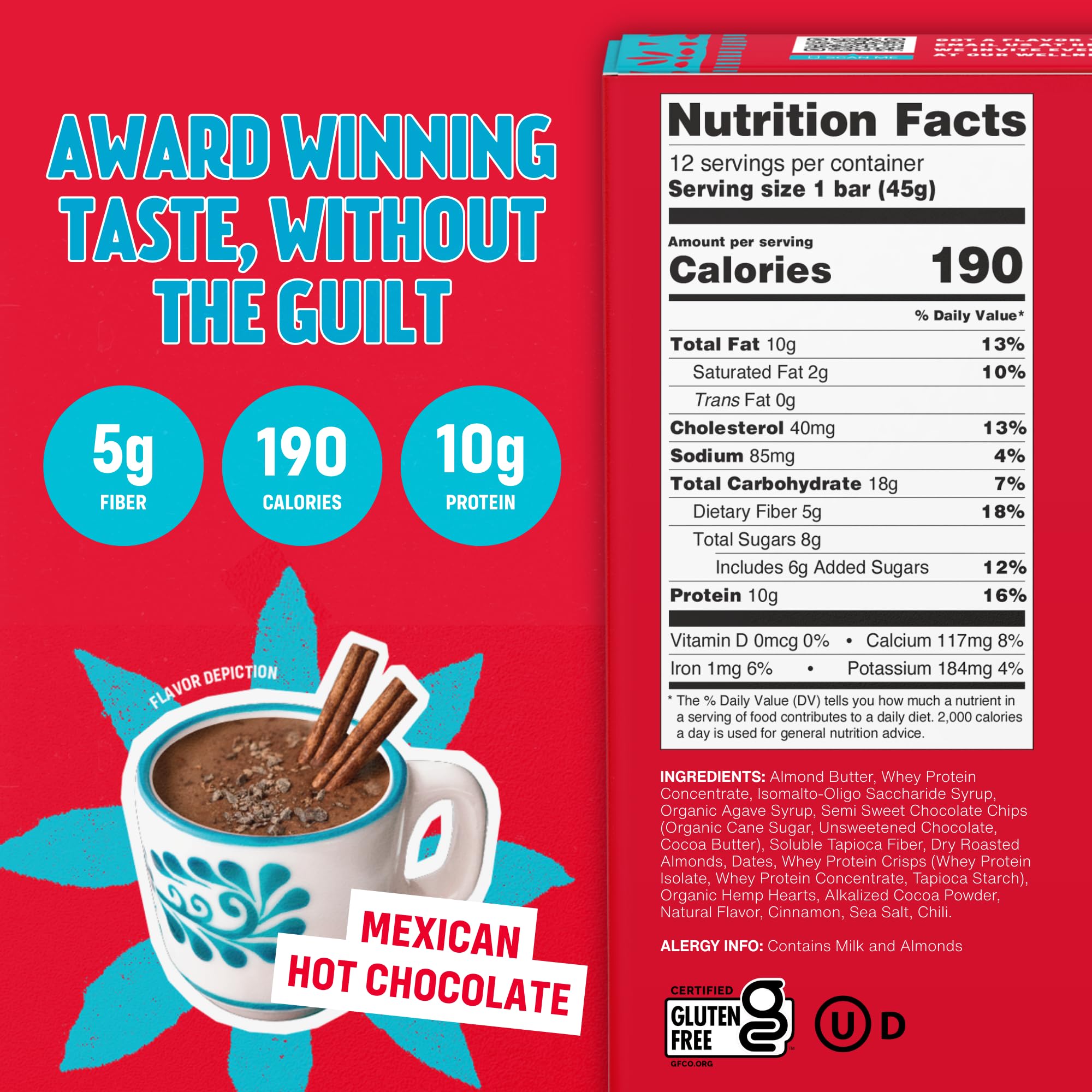 UNiTE Mexican Chocolate Protein Bars, 12 Pack, 1.59 Oz, 10g Protein, High Fiber Bar, Naturally Sweetened, Almond Butter, Real Ingredients, Portable