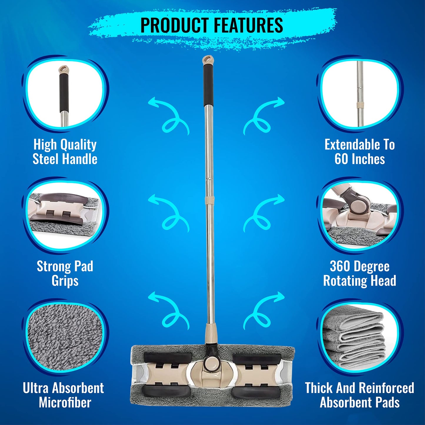MAYSHINE Microfiber Hardwood Floor Wet and Dry Dust Mop w/ 5 Reusable Pads, 360 Spin Mop System | Use on Wood, Tile, Laminate, Vinyl and More | Flat