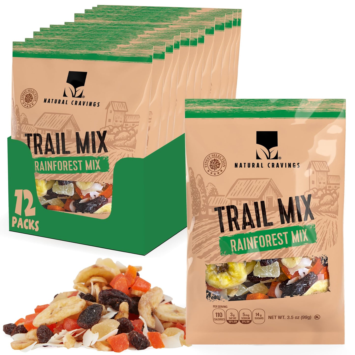 Natural Cravings Trail Mix Snack Packs - Individual 3.5 oz Bags - Rainforest Dried Fruit Mix & Assorted Nuts Mix with Dry Pineapple, Banana Chips