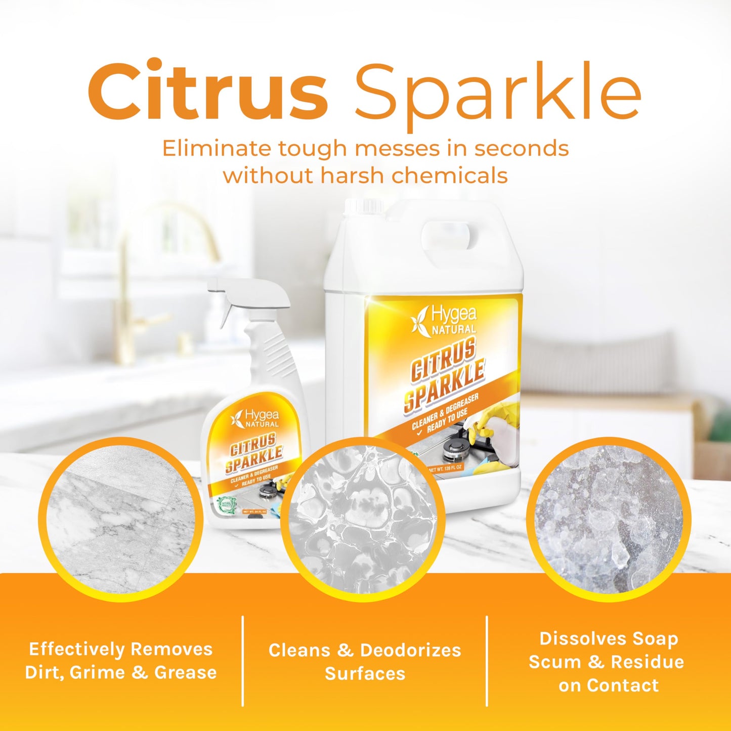 Hygea Natural Citrus Sparkle Chemical-Free Heavy Duty Degreaser & All Purpose Cleaner - Pure Citrus Extracts & Natural D-limonene - Removes Grease