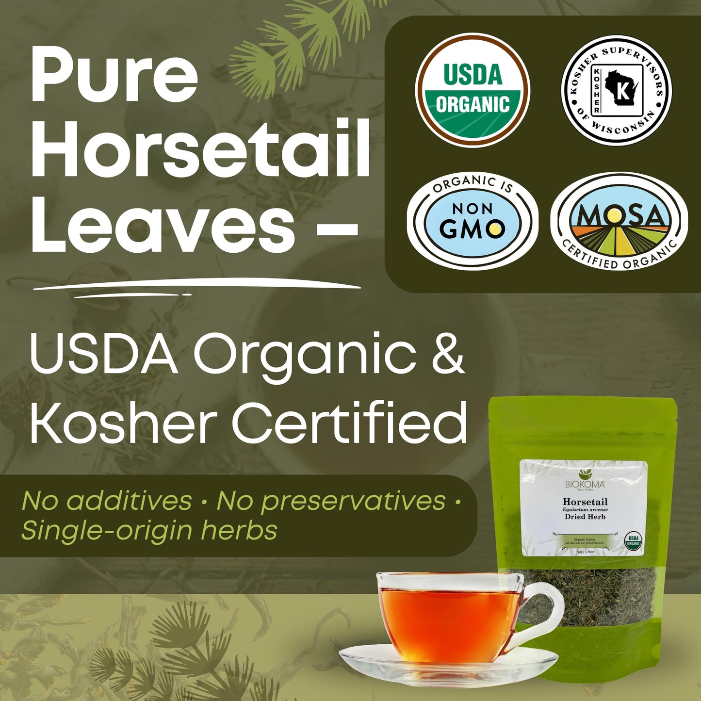 Biokoma Organic Horsetail Herb Tea 50g (Shavegrass) - Supports Healthy Hair, Skin and Nails - USDA Certified Organic Loose Dried Leaves in Resealable