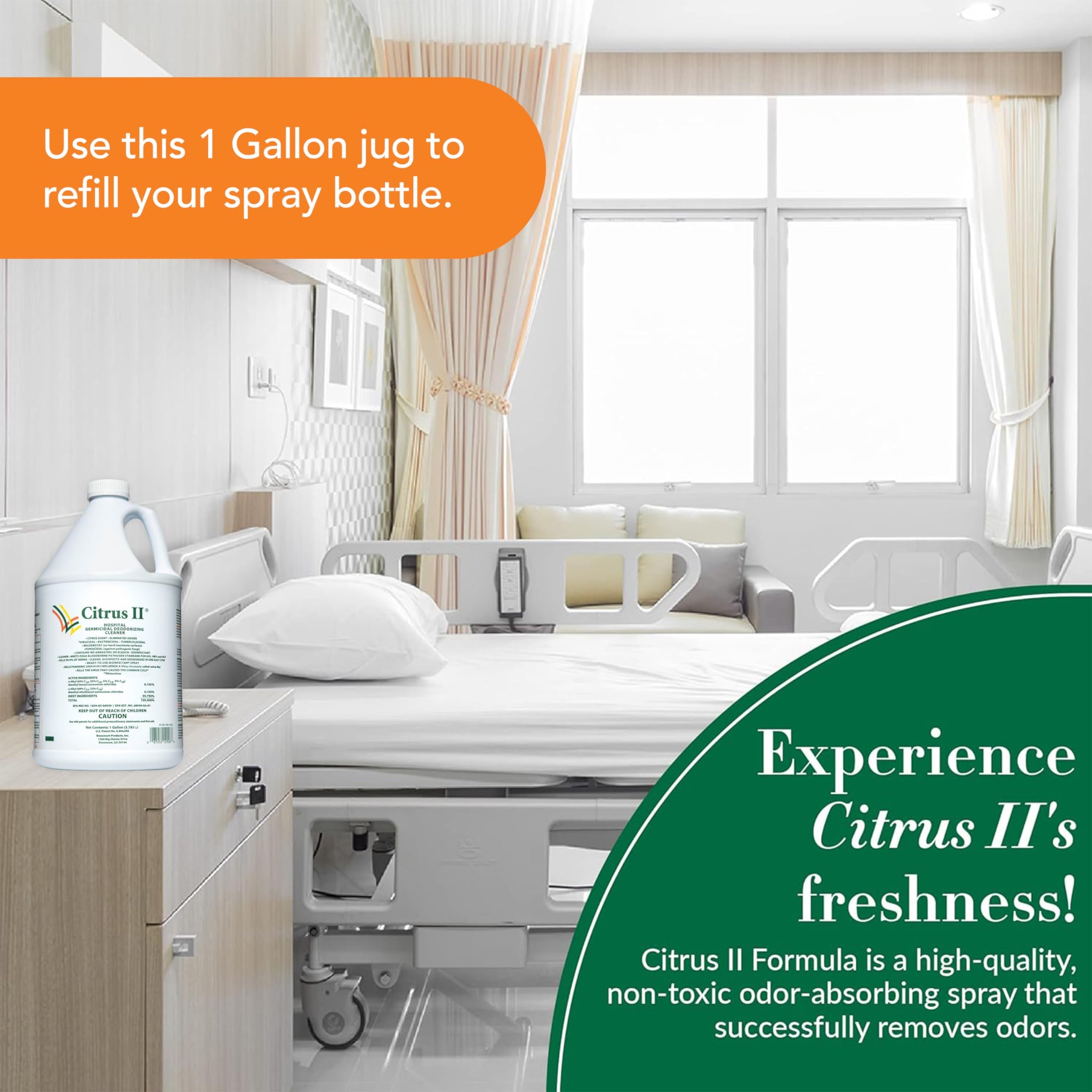Citrus II Hospital Germicidal Deodorizing Cleaner - Fresh Citrus Scent - 1 Gallon - Refill - Disinfecting Cleaner for Home, Hospital and Office Areas
