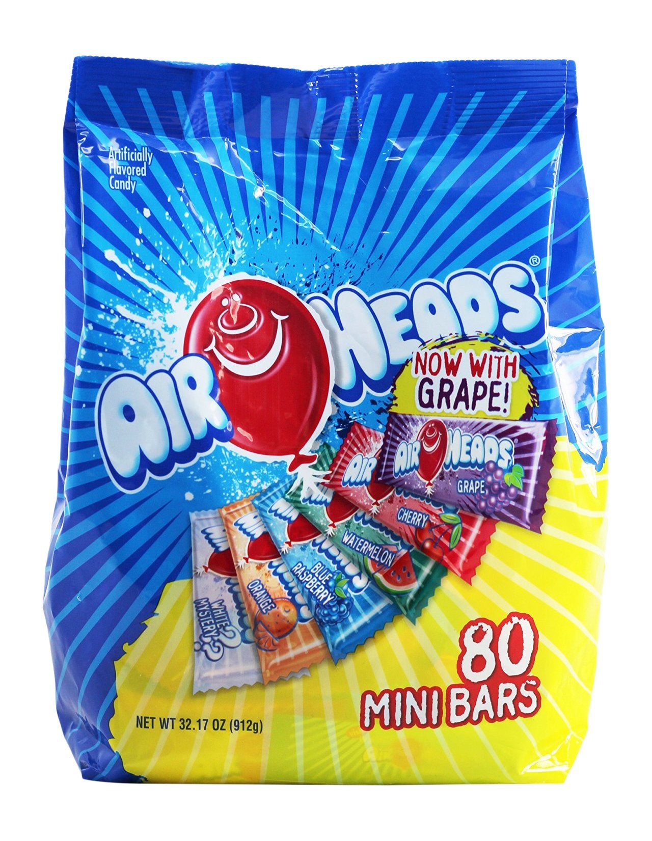 Airheads Candy Mini Bars, Assorted Fruit Flavors, Individually Wrapped, Non Melting, Party, Pantry 80ct Bag, (Pack of 1)