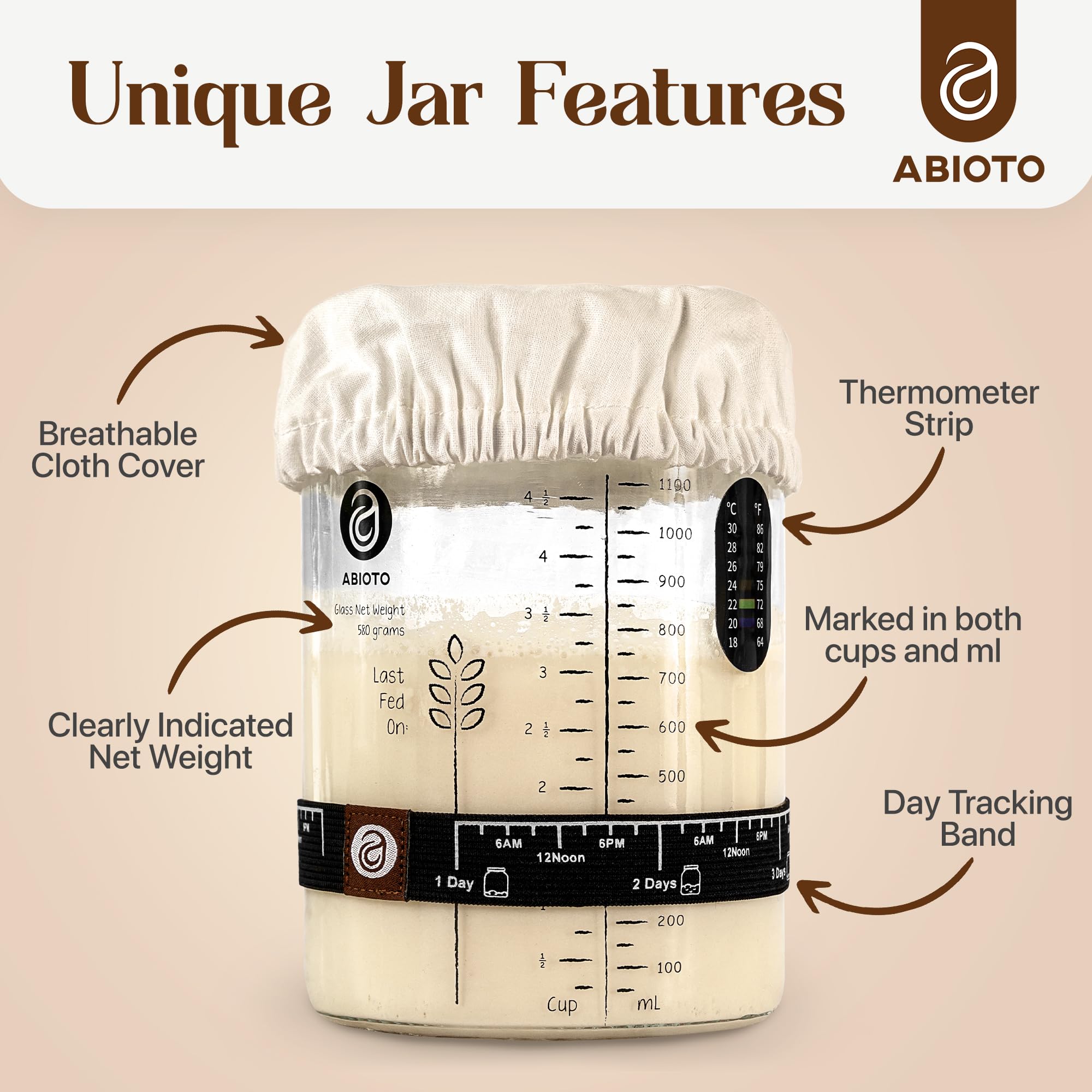 Sourdough Starter Kit with 40 oz Glass Jar - Extra Thermometer Strips and Breathable Covers Included in Sourdough Starter Jar Kit - A Perfect