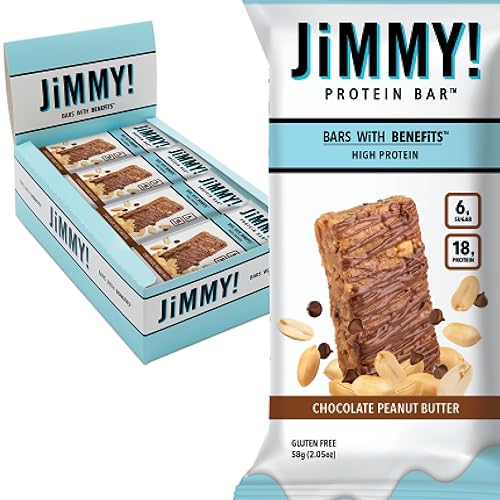 JiMMYBAR! Chocolate Peanut Butter Protein Bars 18g Protein Bar, 6g Low Sugar - 12 Count - 58g Health Bars - Functional Snack with Real Peanuts