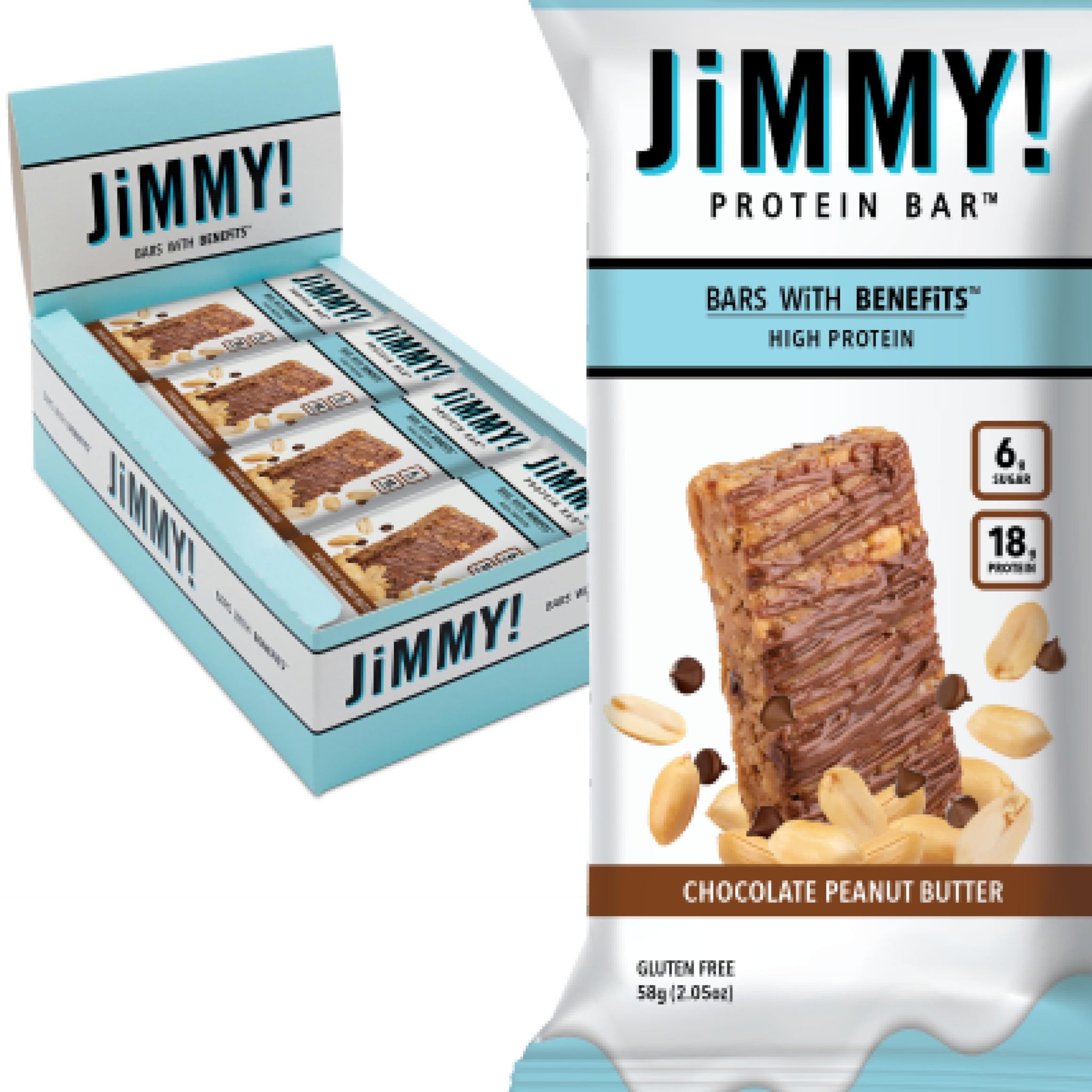 JiMMYBAR! Chocolate Peanut Butter Protein Bars 18g Protein Bar, 6g Low Sugar - 12 Count - 58g Health Bars - Functional Snack with Real Peanuts