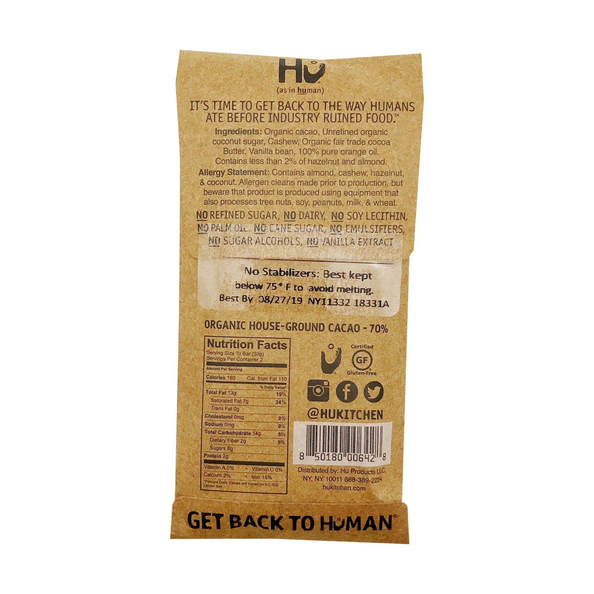Hu Kitchen Organic Cashew Butter Orange Vanilla Dark Chocolate Bar, 2.1 OZ