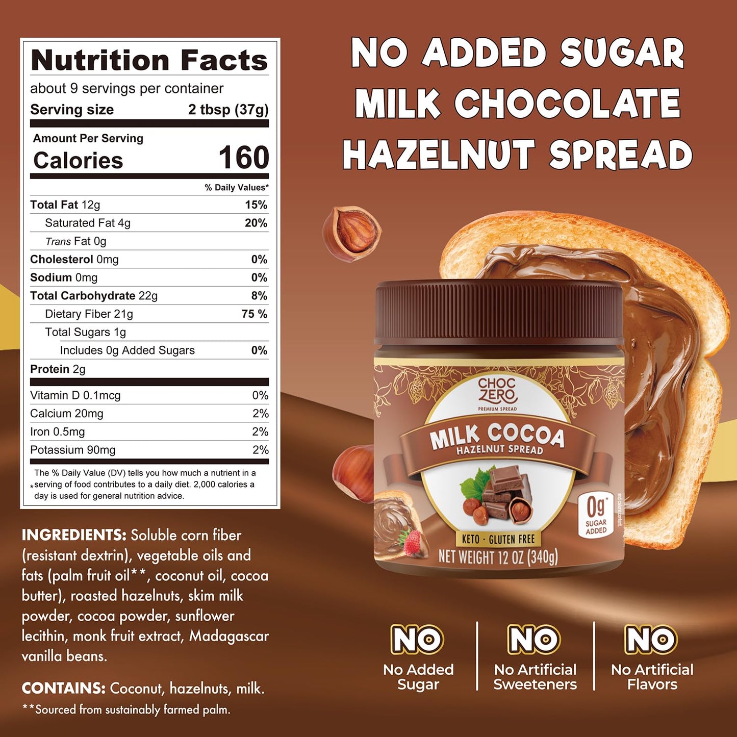 ChocZero Milk Chocolate Hazelnut Spread - No Added Sugar, Keto Friendly Low-Carb Chocolate Hazelnut Dessert & Bread Topping, Gluten Free, High Fiber