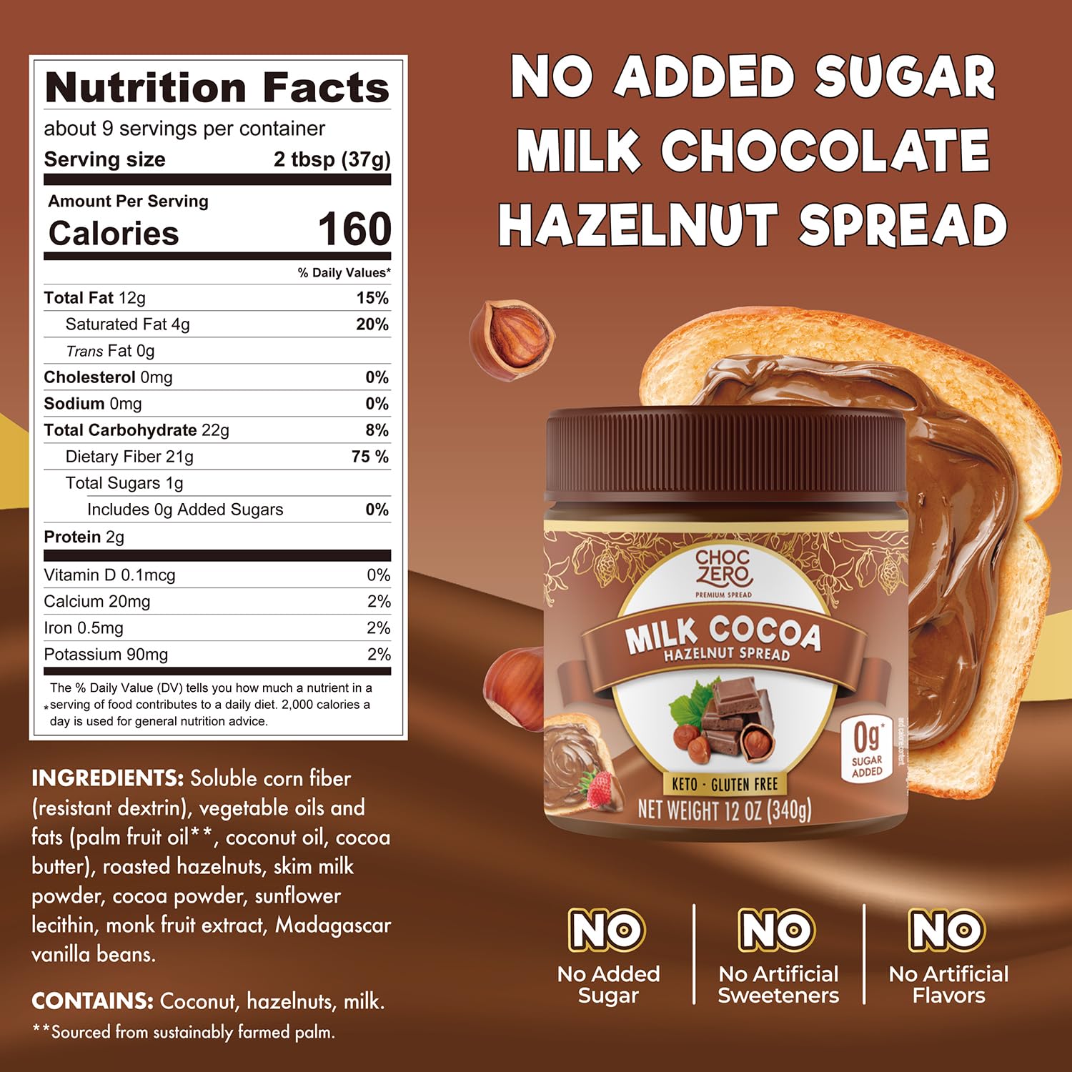 ChocZero Milk Chocolate Hazelnut Spread - No Added Sugar, Keto Friendly Low-Carb Chocolate Hazelnut Dessert & Bread Topping, Gluten Free, High Fiber