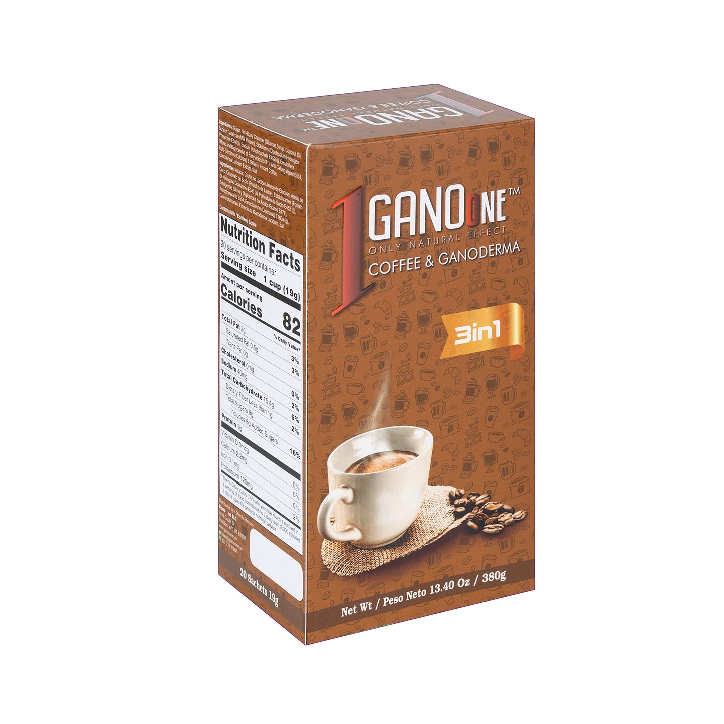 GanoOne 3-in-1 Instant Coffee with Organic Reishi Mushroom Extract, Creamer & Sugar, 40 Sachets (2 Boxes)