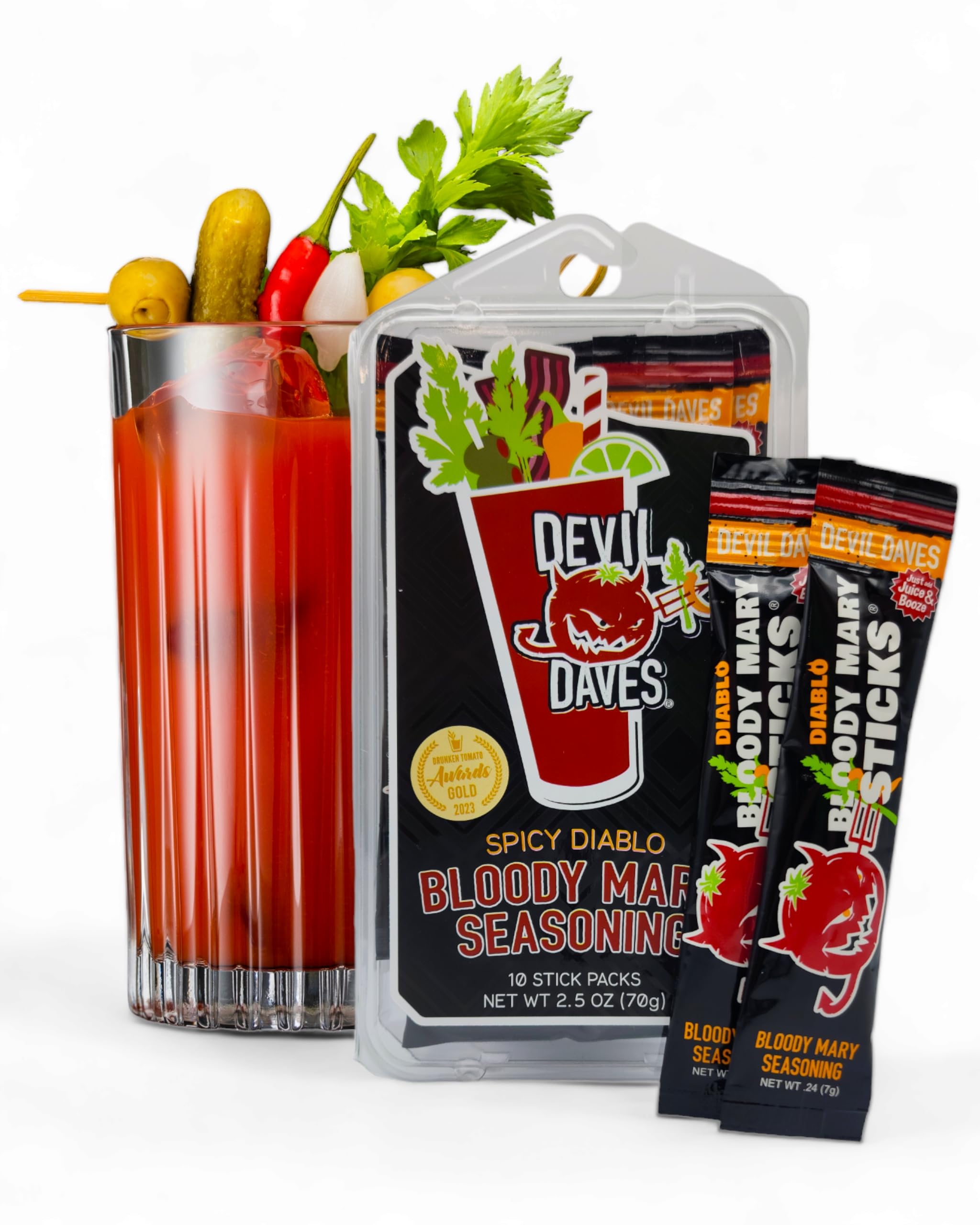Devil Daves Bloody Mary Stick Packs, Diablo Spicy (10 Pack) | Single Serve Spicy Bloody Mary Mix Packets, Dry Seasoning for Tomato Juice Cocktails