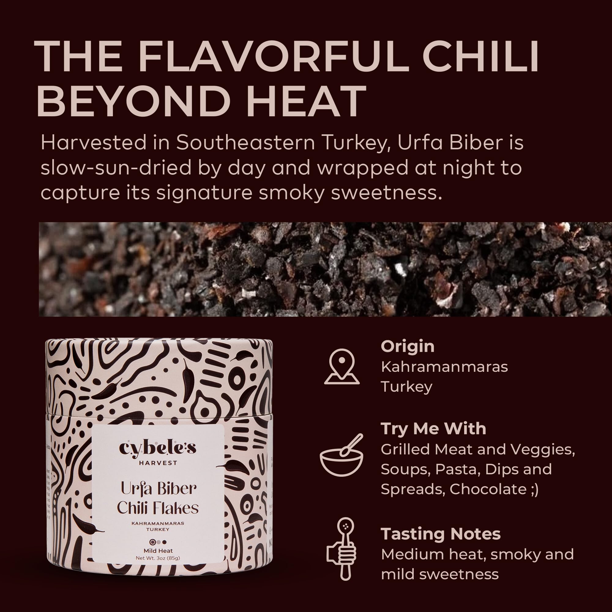 Cybele’s Harvest Urfa Biber (Isot) Chili Flakes 3oz, Turkish Urfa Pepper, Mild Smoky Chili