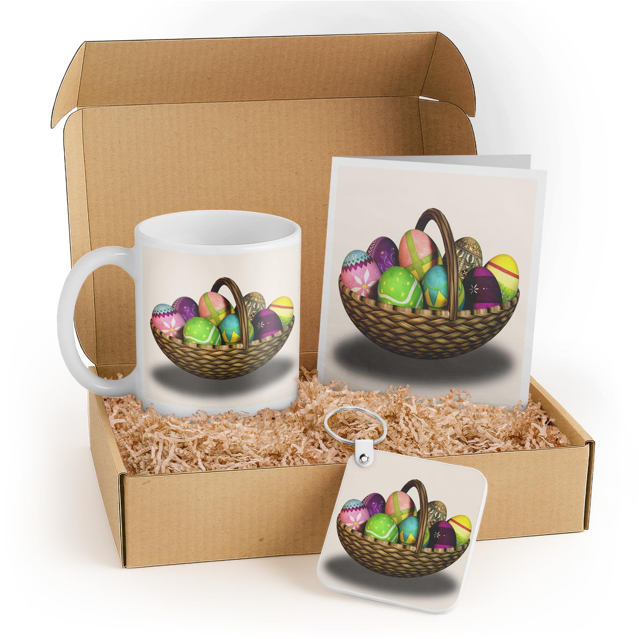 3dRose Easter Basket Gift Set with Mug, Card, and Keychain - Colorful Eggs for Kids and Families - Perfect for Easter Celebration and Springtime