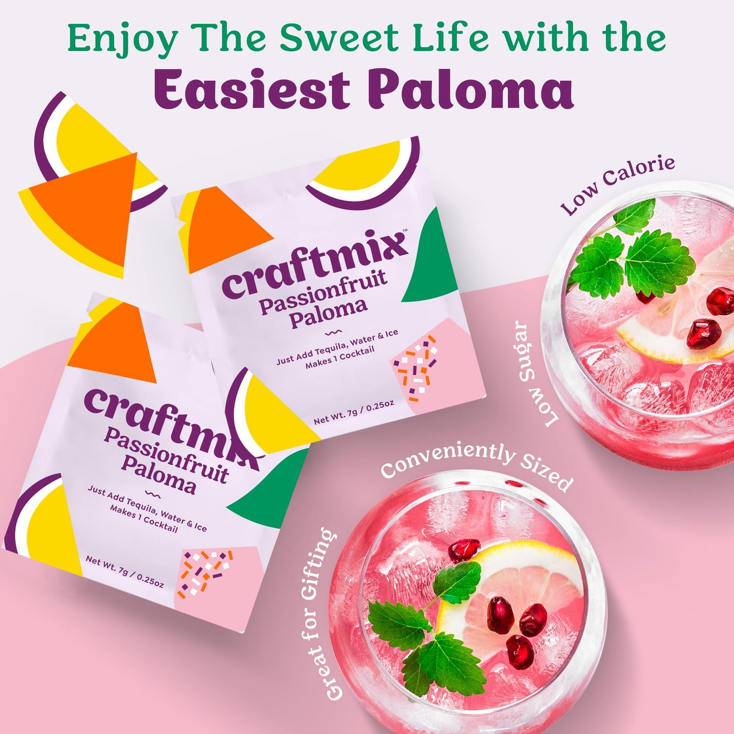 Craftmix Passionfruit Paloma Cocktail & Mocktail Drink Mixer, Skinny Mixes - Water Flavoring Packets - Made With Real Fruit - Vegan, No-Carb