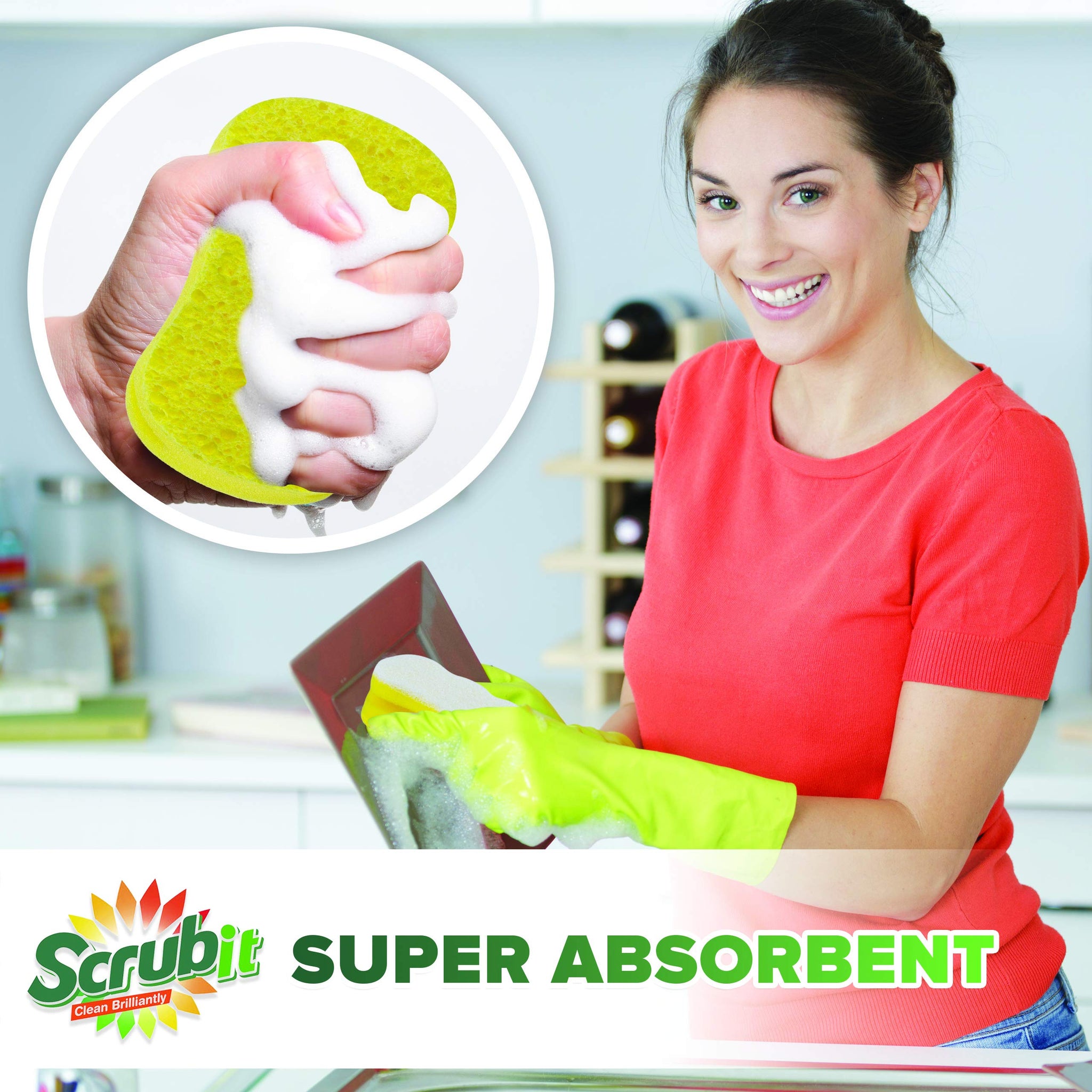 Scrub Sponge by Scrubit -Multipurpose Cellulose Cleaning Sponges with Non Scratch Scouring Pad for Dishes, Pots, Pans, Glass Cooktop - Super Absorbent