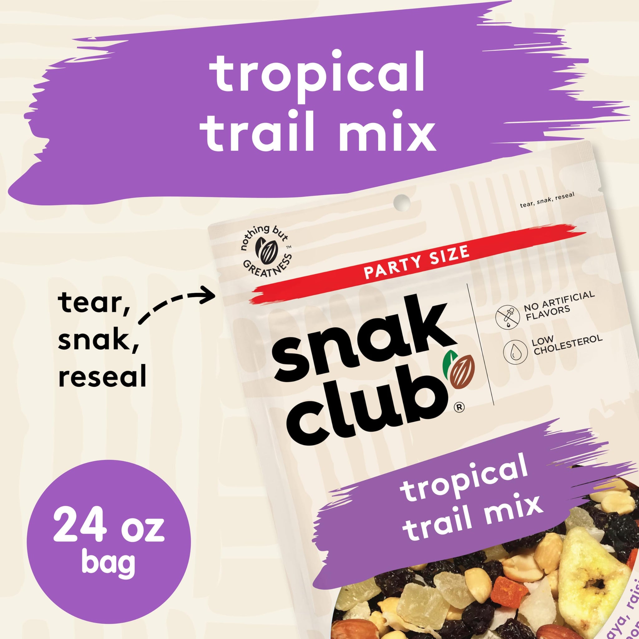 Snak Club Tropical Trail Mix with Peanuts, Dried Papaya, Raisins, Banana Chips, Dried Pineapple, Coconut Chips, and Almonds, Gluten-Free and Kosher