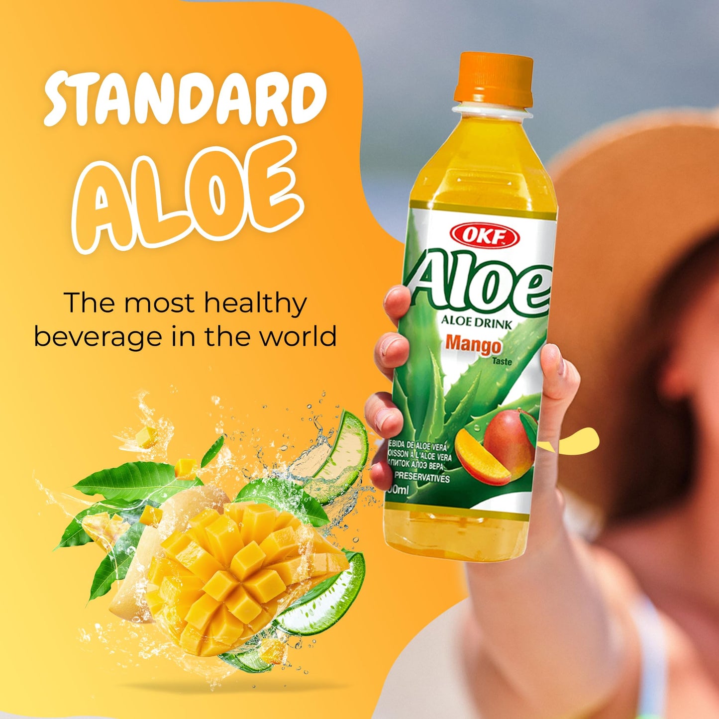 OKF Aloe Vera Drink Juice with Pure Aloe Pulp, Variety, 16.9 oz. (Mango, Pack of 20), Plant Based Drink, Korean drinks