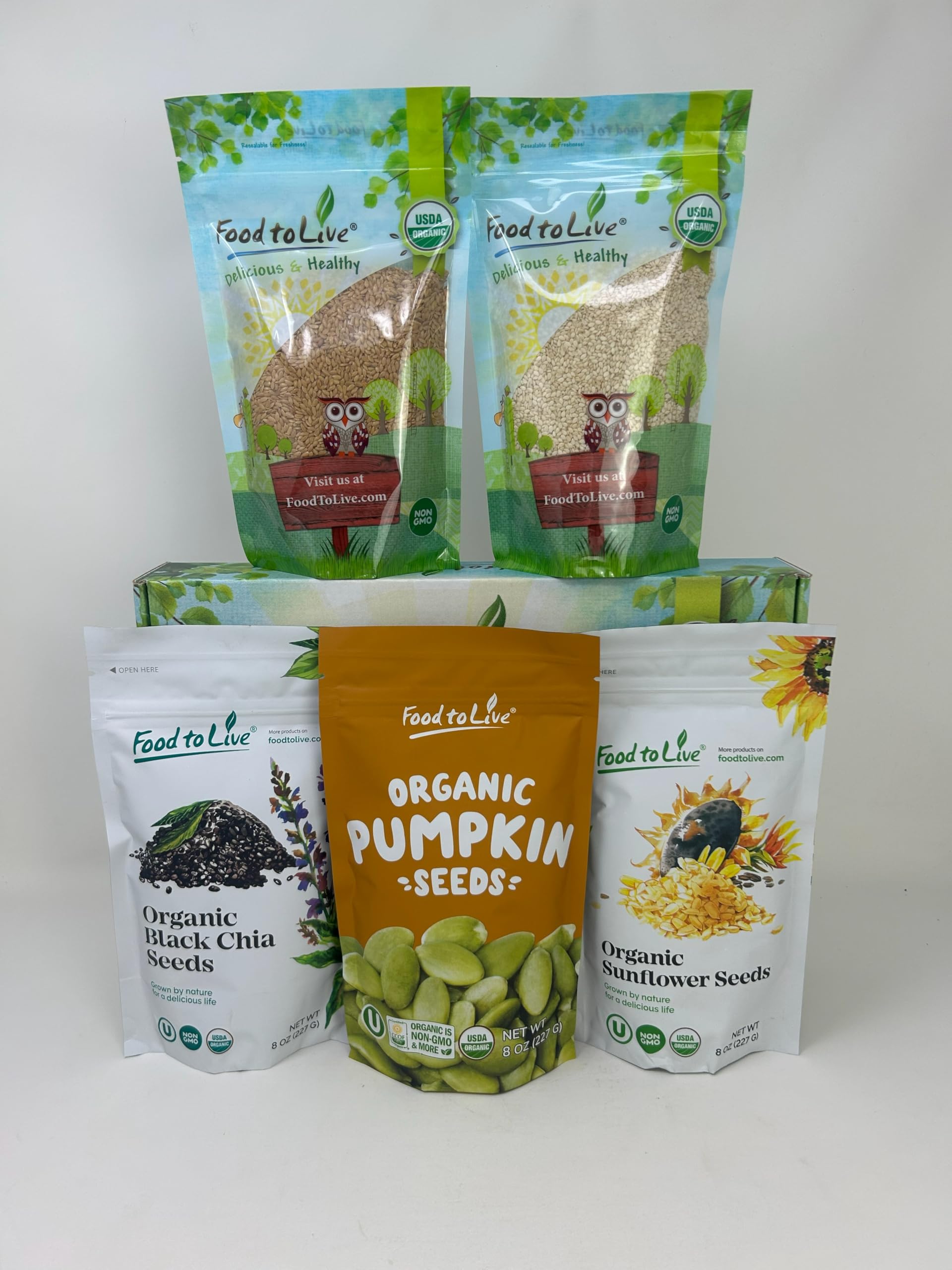 Food to Live Organic Keto Raw Seeds in a Gift Box - Pumpkin Seeds, Sesame Seeds, Sunflower Seeds, Chia Seeds, Golden Flax Seeds