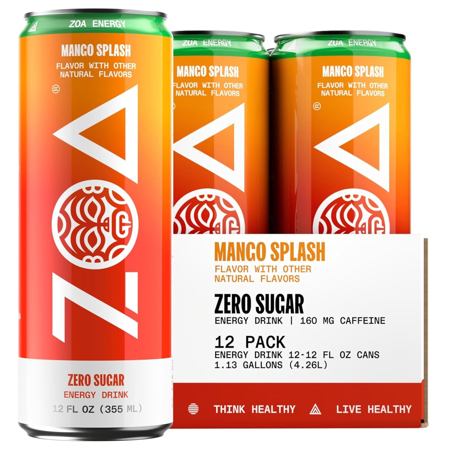 ZOA Zero Sugar Energy Drinks, Mango Splash - Sugar Free with Electrolytes, Healthy Vitamin C, Amino Acids, Essential B-Vitamins, and Caffeine from