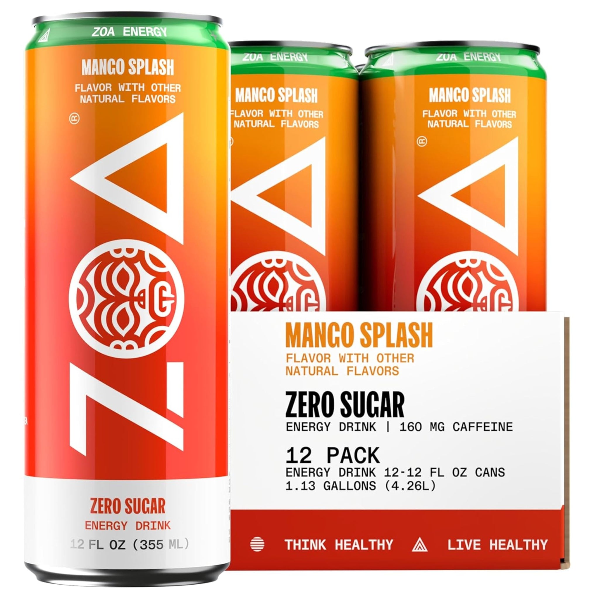 ZOA Zero Sugar Energy Drinks, Mango Splash - Sugar Free with Electrolytes, Healthy Vitamin C, Amino Acids, Essential B-Vitamins, and Caffeine from