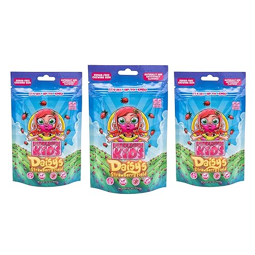 Bubblegum Kids Daisy's Strawberry Field Sugar Free Gum | Strawberry Flavor Sugarless Gum with Xylitol | Low Calorie Candy Alternative for Kids