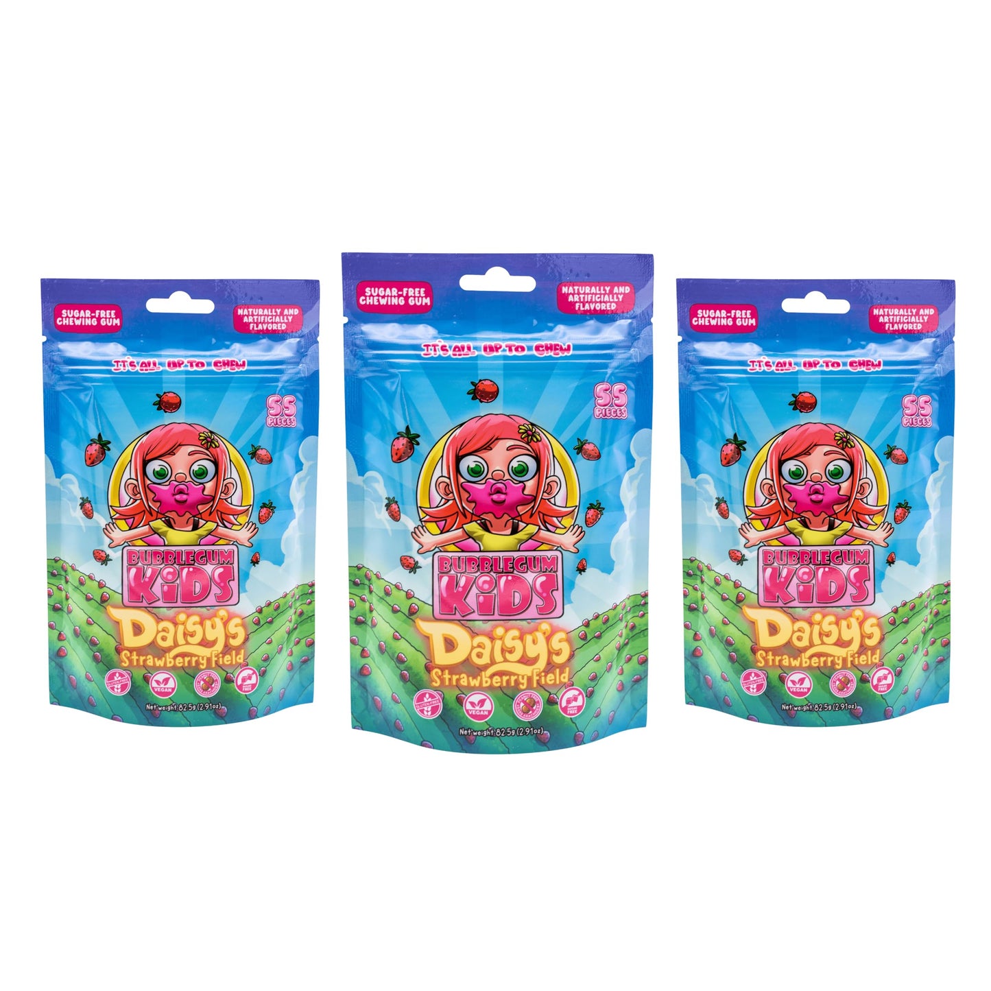 Bubblegum Kids Daisy's Strawberry Field Sugar Free Gum | Strawberry Flavor Sugarless Gum with Xylitol | Low Calorie Candy Alternative for Kids