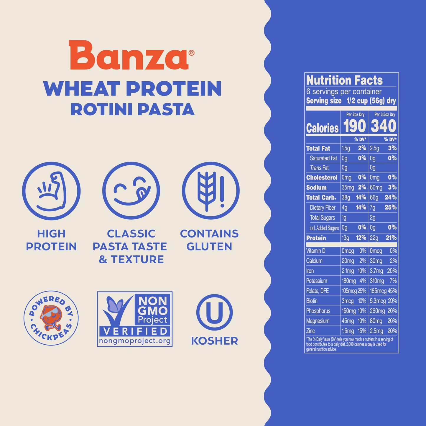 Banza Wheat Protein Penne Pasta - 22g Protein per Serving, High Protein, No-Compromises Taste & Texture, Powered by Chickpeas, 6 Pack (Rotini)