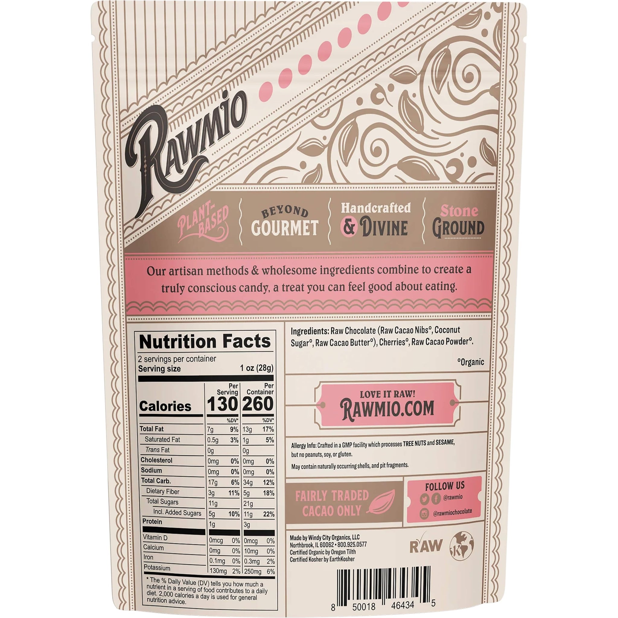 Rawmio Chocolate Covered Sweet Cherries - Organic, Raw, Vegan, 70% Dark Chocolate, 6 Packs, 2 oz.