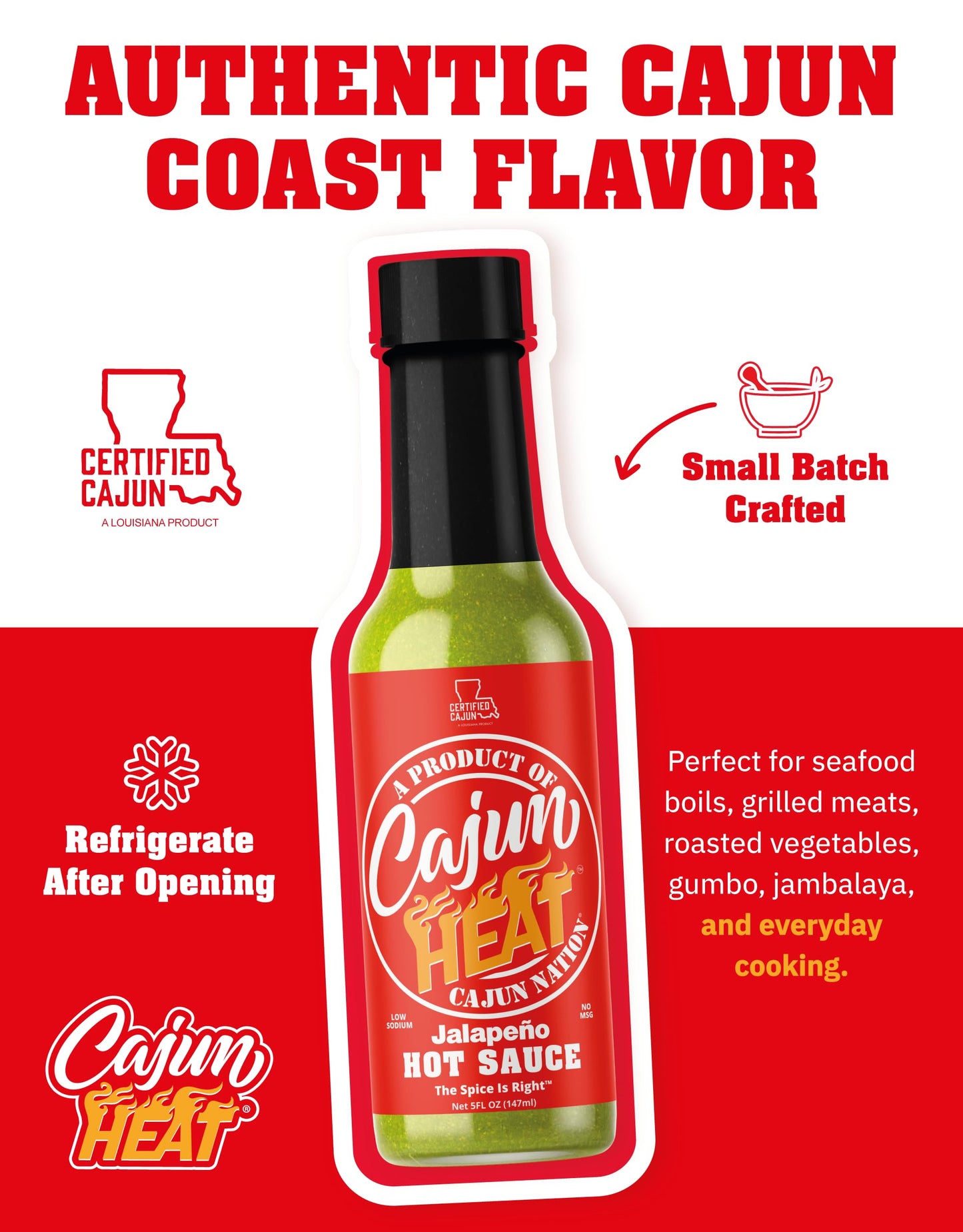 Cajun Nation CAJUN HEAT Jalapeno Hot Sauce 5oz - Bold Green Pepper Flavor with No MSG - Authentic Louisiana Style Heat from the Cajun Coast - Low