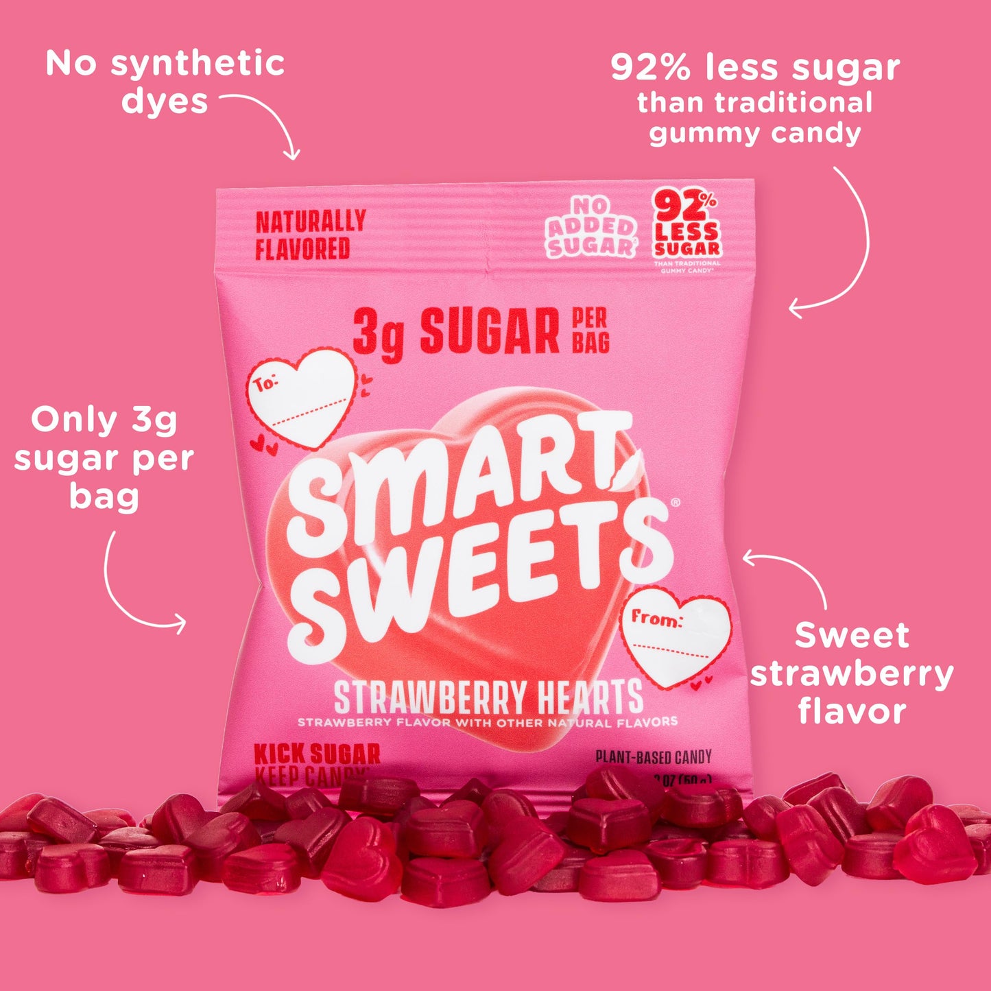 SmartSweets Strawberry Hearts, Gluten Free Gummies, Plant Based, Healthy Snacks for Adults & Kids, Fun Chewy Candy, Low Calorie, Low Sugar Snack, No