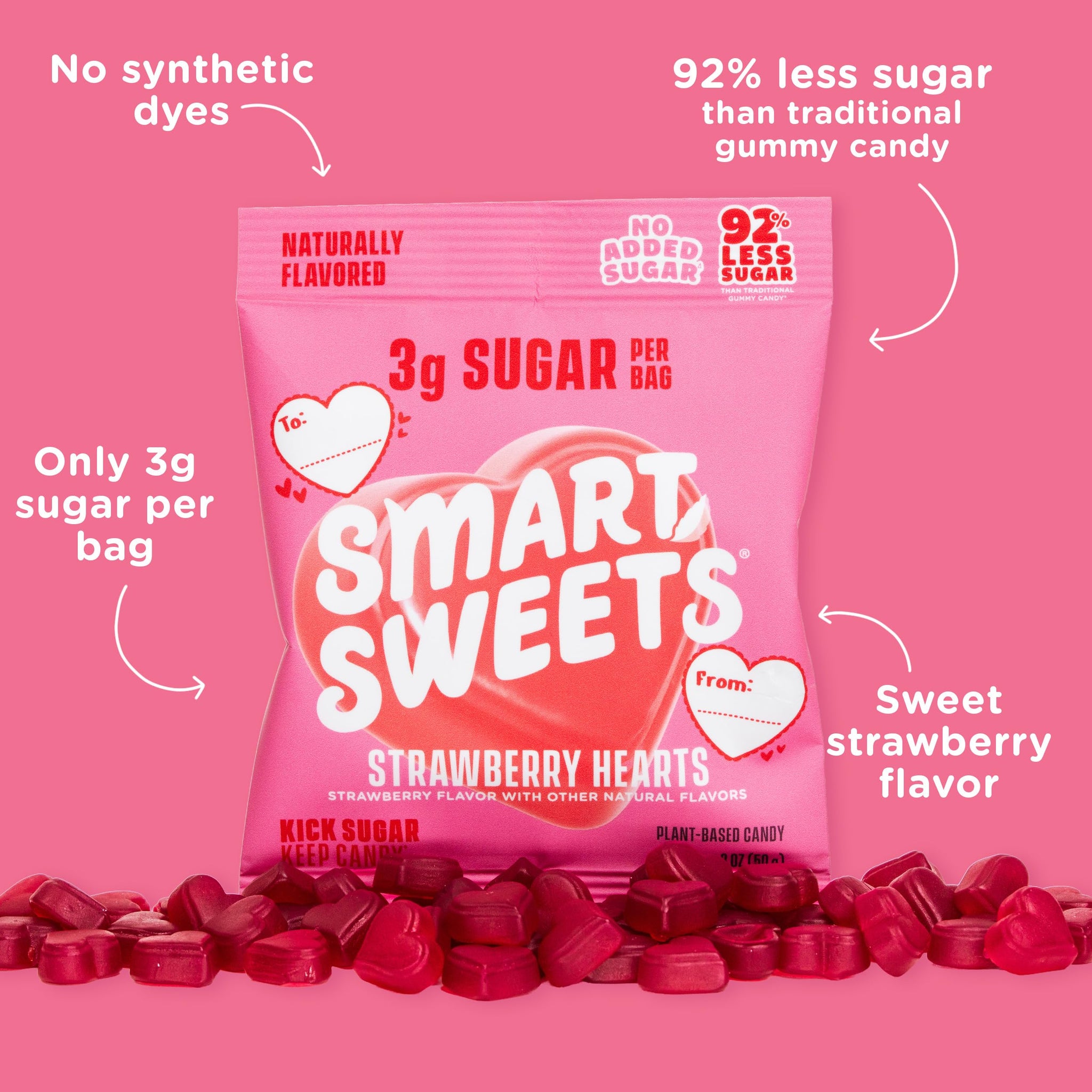 SmartSweets Strawberry Hearts, Gluten Free Gummies, Plant Based, Healthy Snacks for Adults & Kids, Fun Chewy Candy, Low Calorie, Low Sugar Snack, No