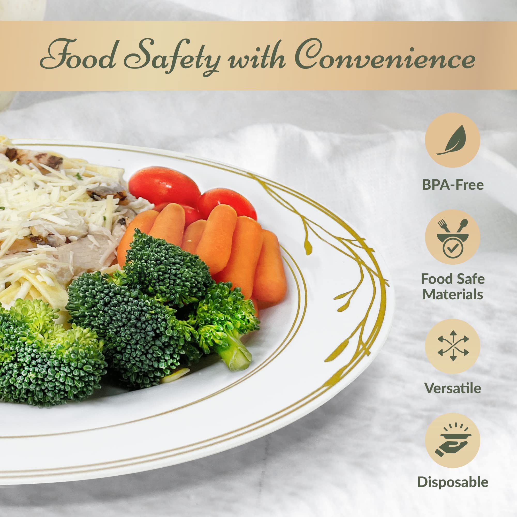 Reli. Disposable Plastic Plates, White & Gold Rim (110 Pcs, 10.25") | Hard Plastic Dinner Plate | Elegant, Heavy Duty Disposable Round Platters