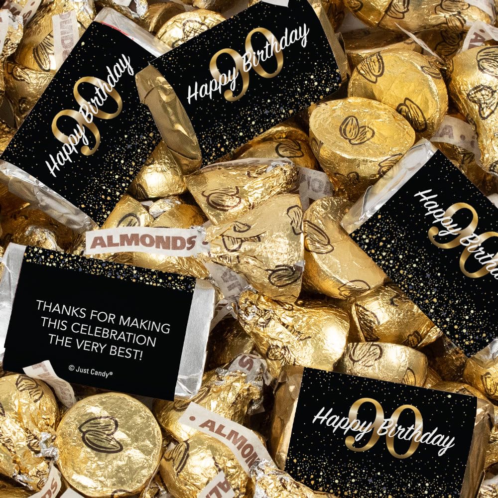 124 Pcs 90th Birthday Candy Party Favors Miniatures Chocolate & Gold Almond Kisses (1.5 lbs, Approx. 124 Pcs)