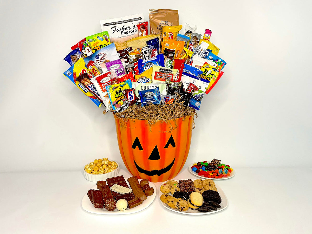 Halloween Pumpkin Gift Basket with Premium Halloween Candy, Chocolates, and Snacks. Hand-Crafted Halloween Pumpkin Candy Gift Basket for Kids