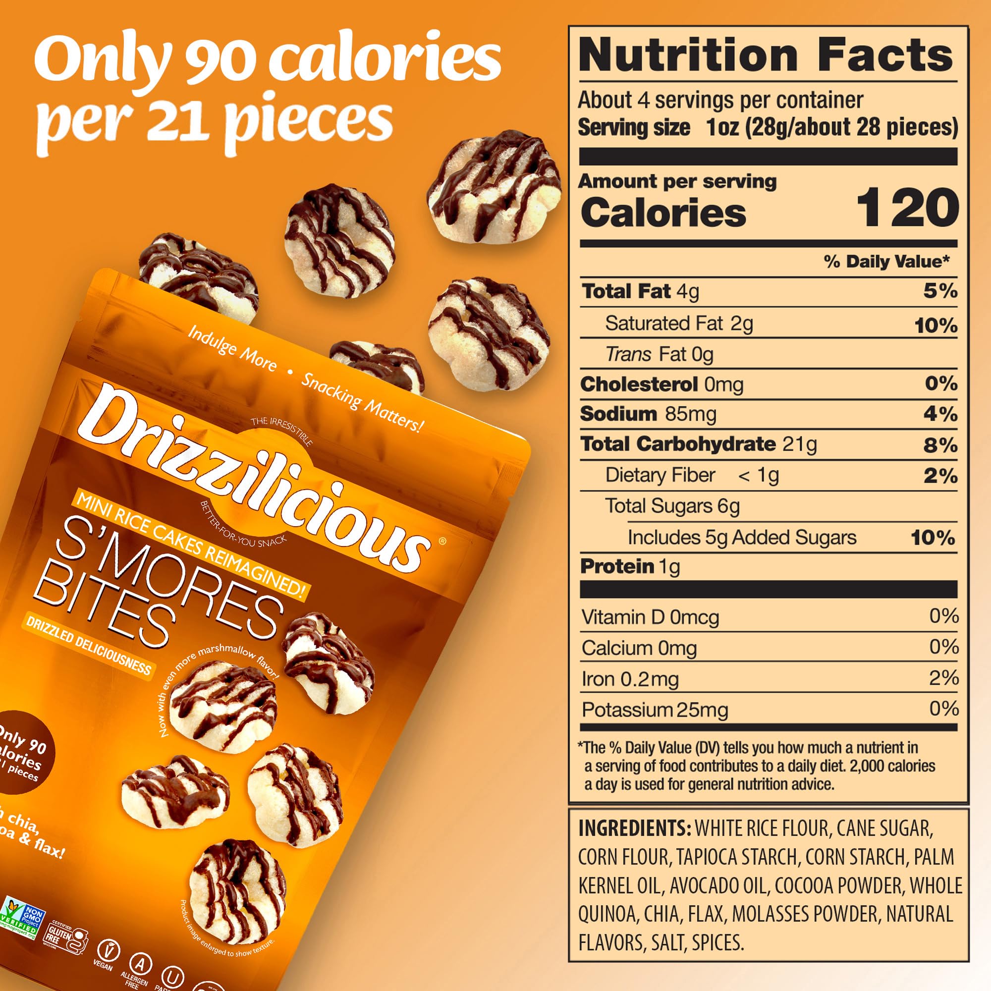 Drizzilicious Mini Flavored Rice Cakes S'mores - Rice Crisps, Healthy Snack for Adults and Kids, Vegan, Gluten Free Snack, Allergen Free, Only 90